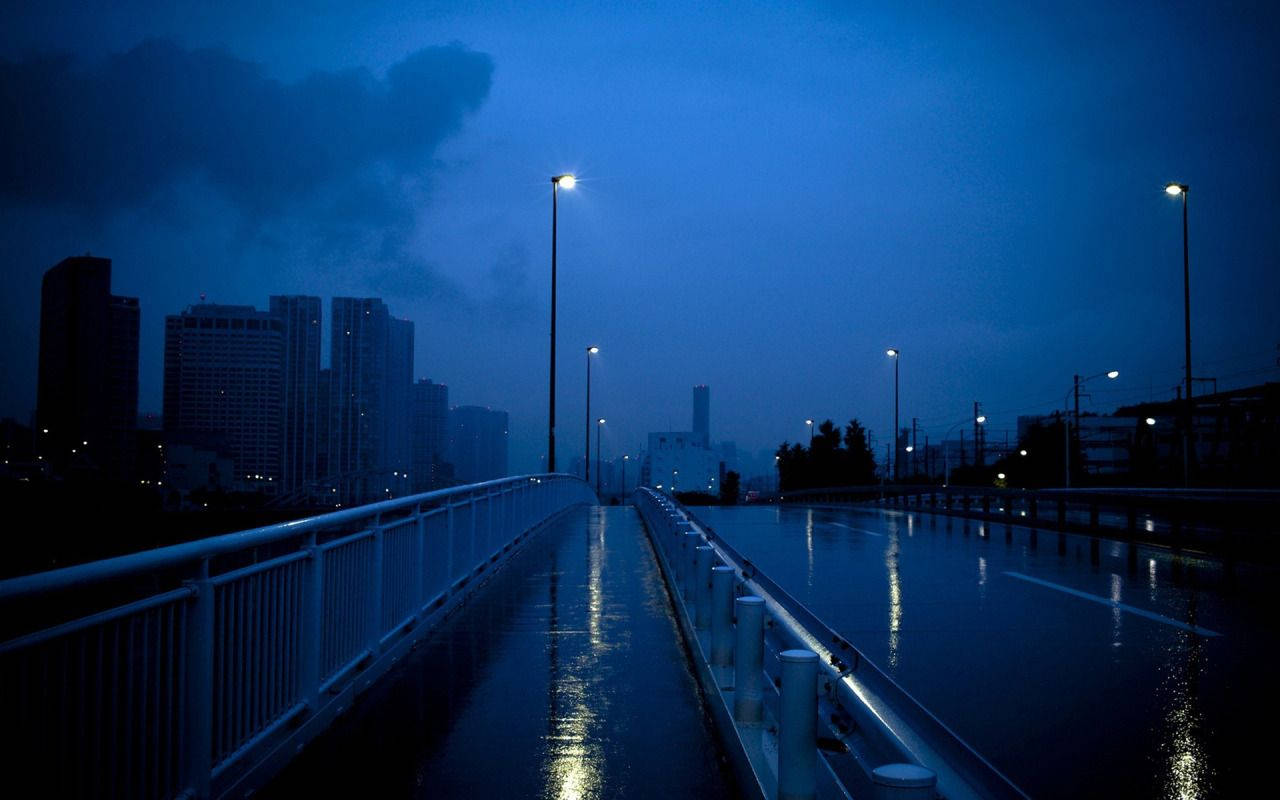 Aesthetic Blue Gloomy Road Bridge Background