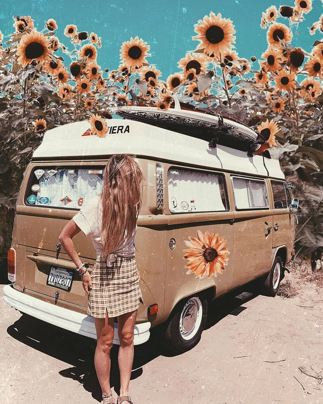 Aesthetic Boho Girl Sunflower Van Background