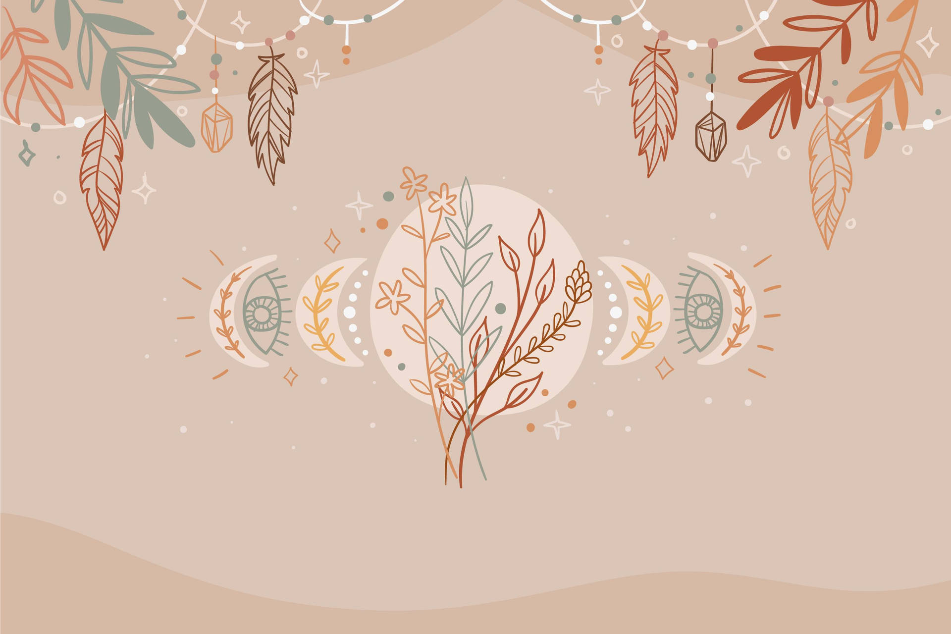 Aesthetic Boho Leaves And Moon Phases Background