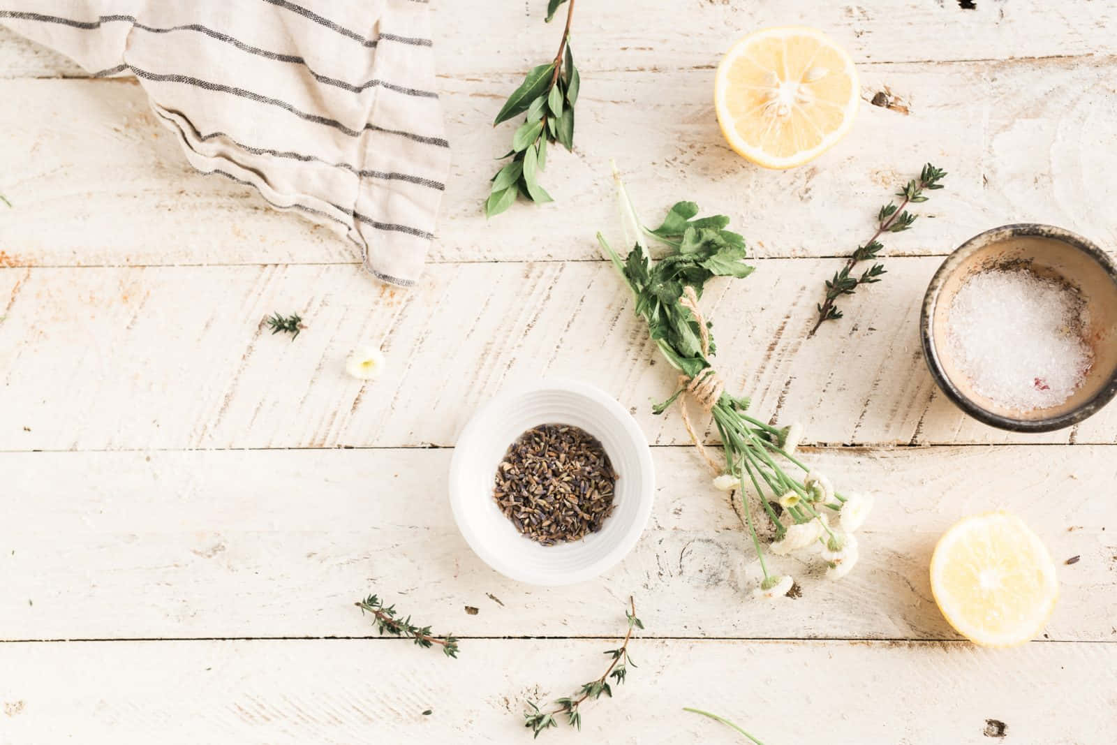 Aesthetic Bowl Of Spices With Bouquet Garni Herbs Background