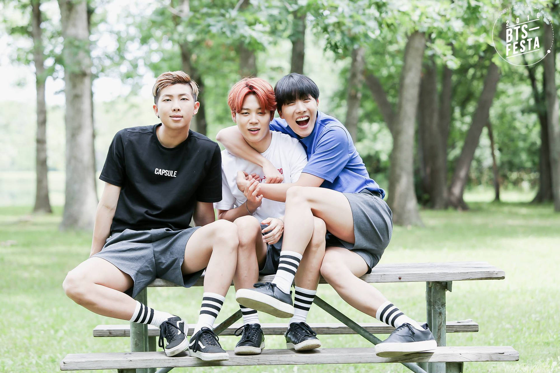 Aesthetic Bts Trio On Park Bench Background