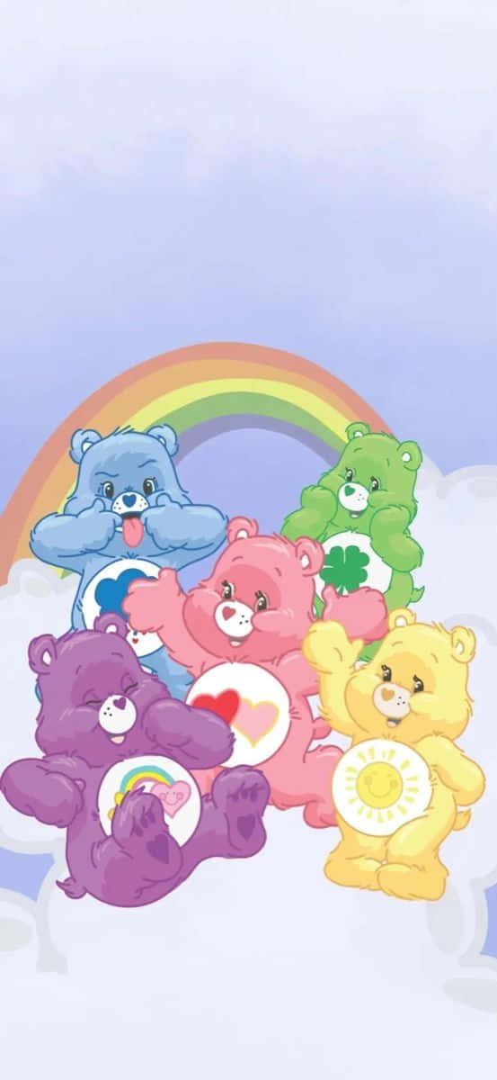 Aesthetic Care Bear Rainbow On Clouds Background