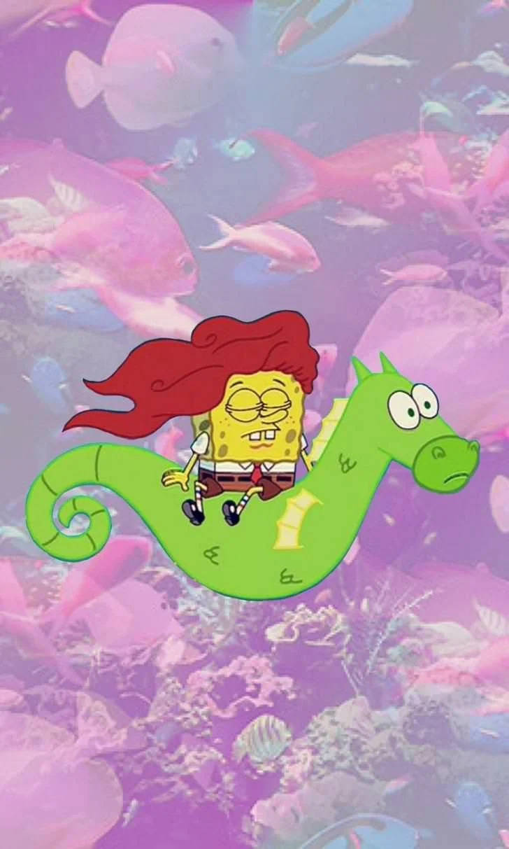 Aesthetic Cartoon Spongebob On A Seahorse Background