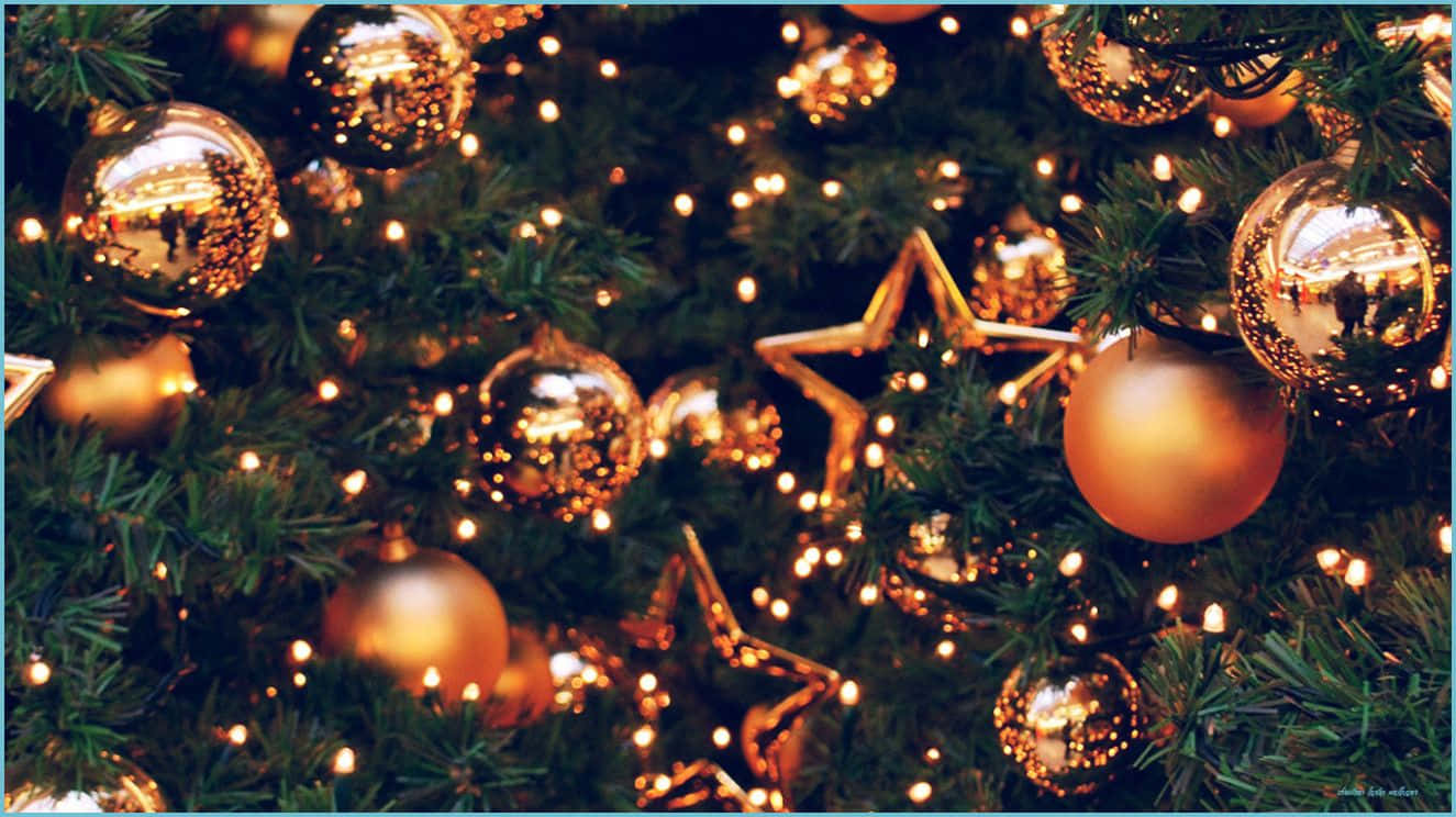 Aesthetic Christmas Gold Ornaments Laptop Background