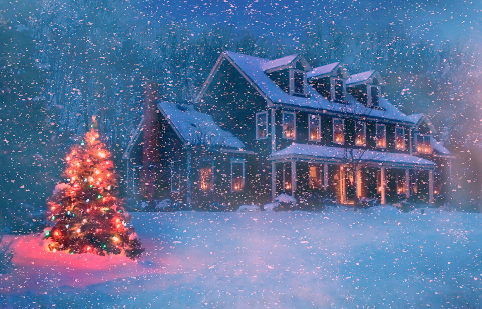 Aesthetic Christmas Snow House Laptop Background