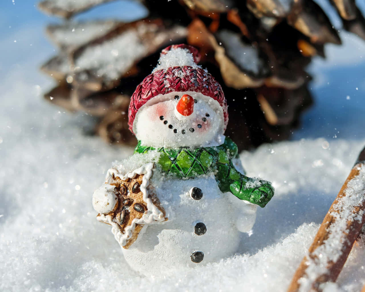 Aesthetic Christmas Snowman Pine Cone Laptop Background