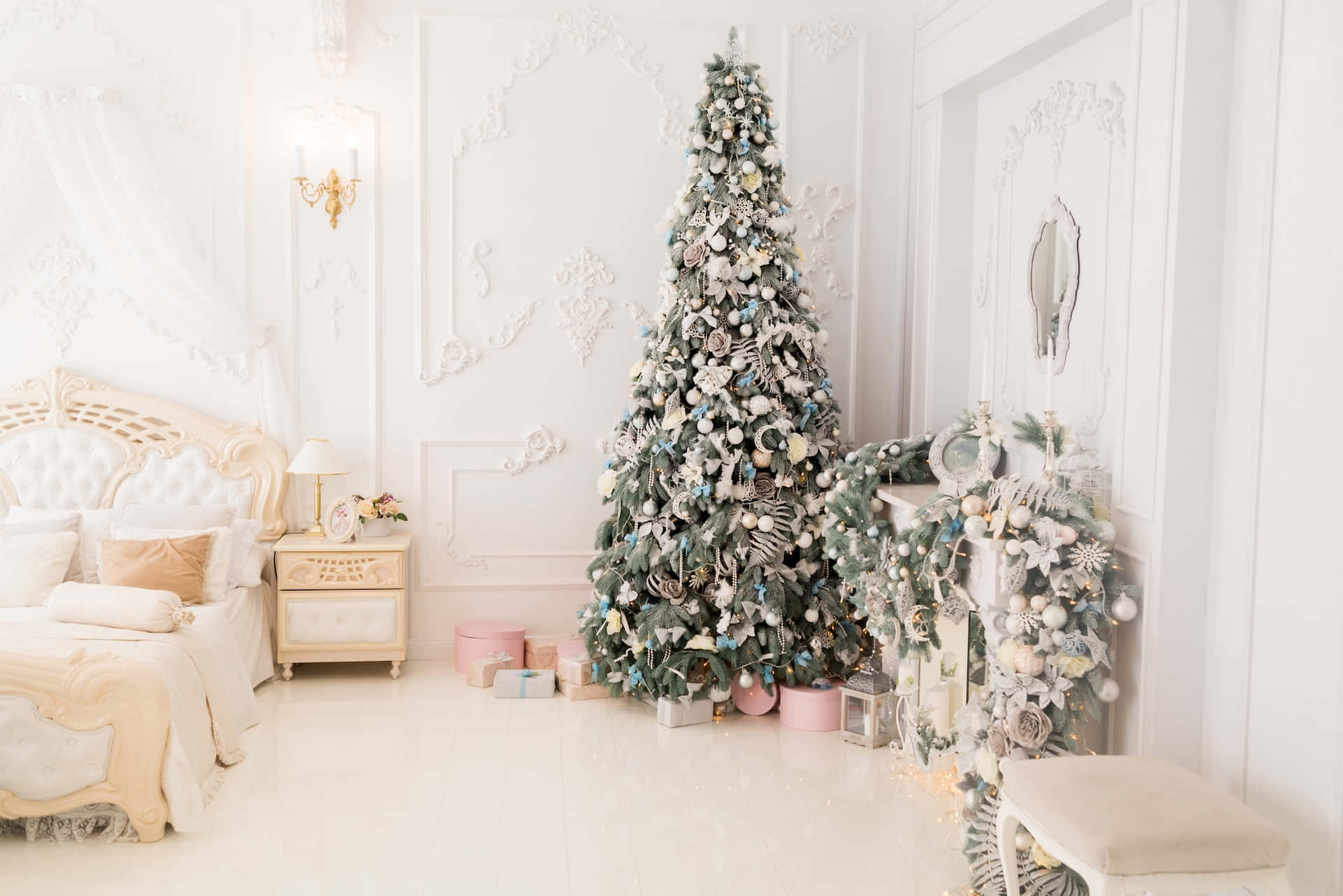 Aesthetic Christmas Tree In Winter Wonderland Background