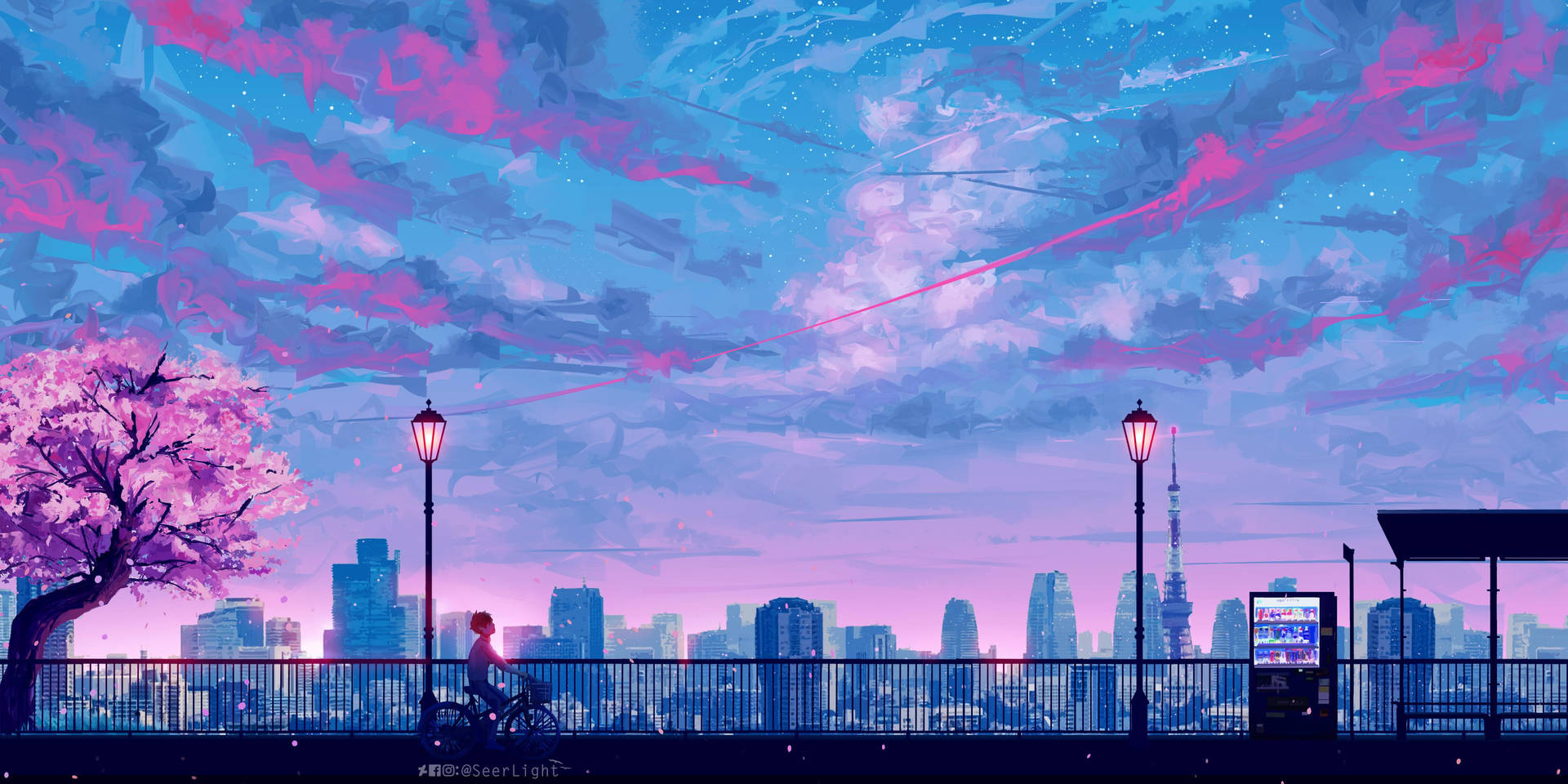 Aesthetic City With Blue Pink Sky Background