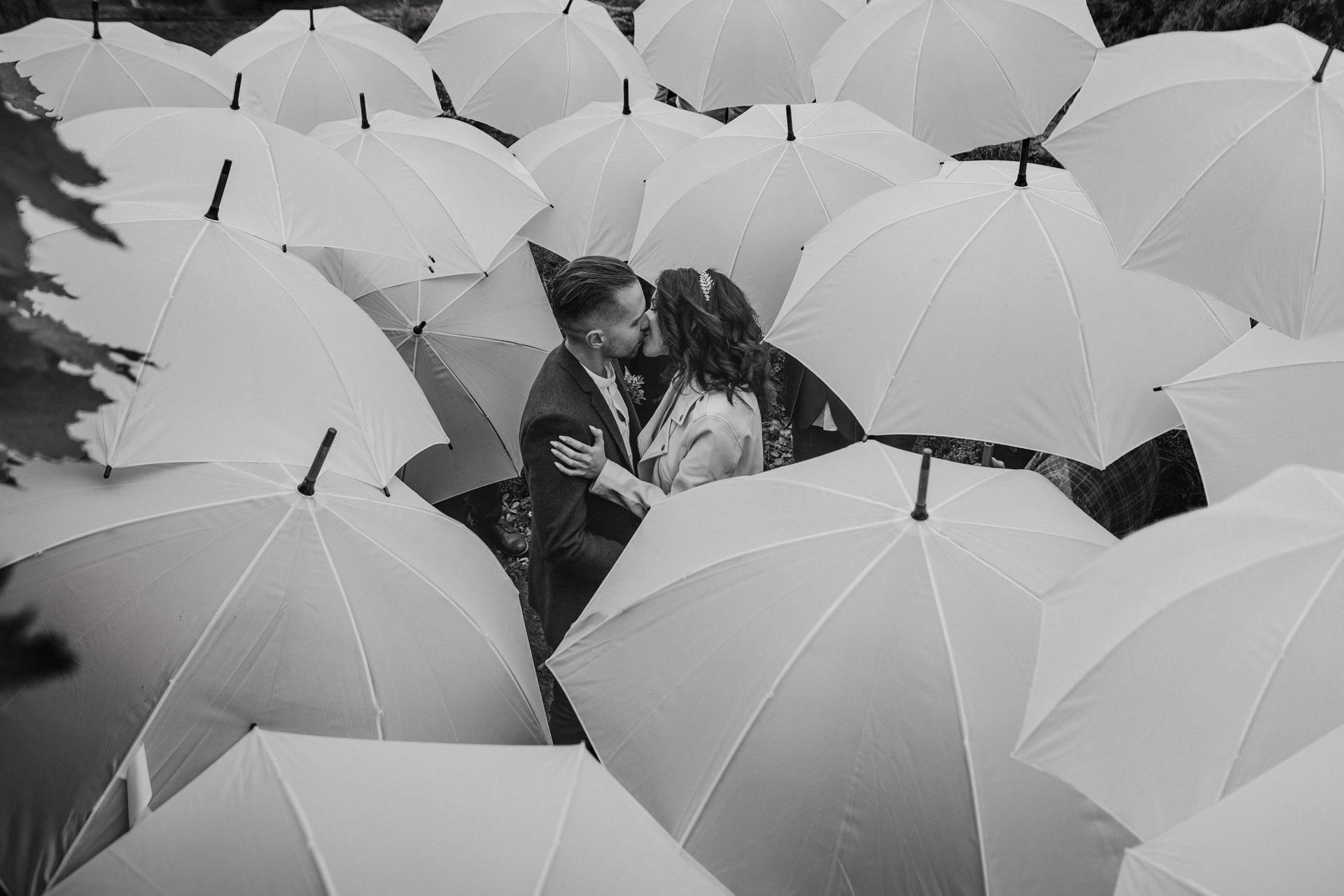 Aesthetic Couple Surrounded With Umbrellas Background