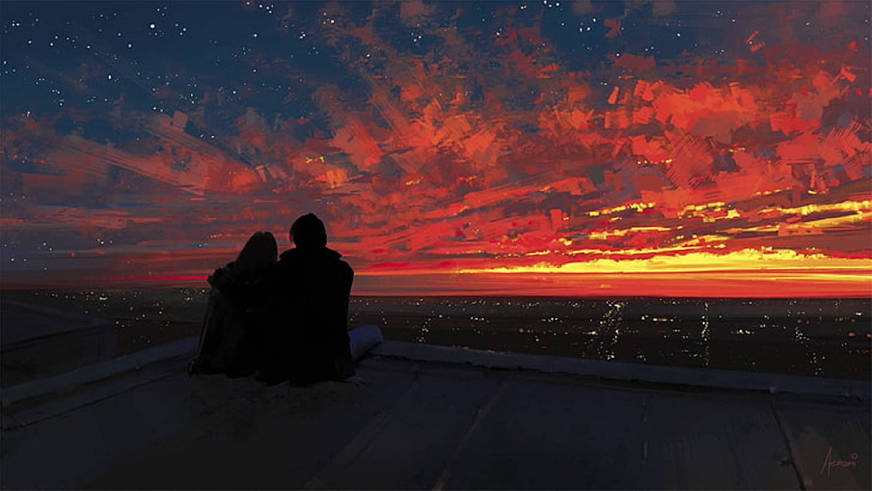 Aesthetic Couple Watching Sunset Background