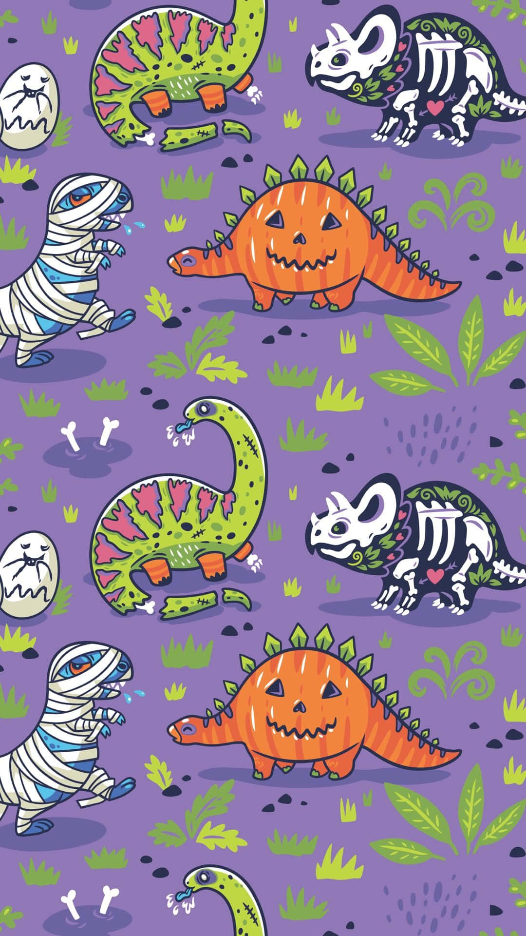 Aesthetic Cute Halloween Dinosaurs Vector Art Background