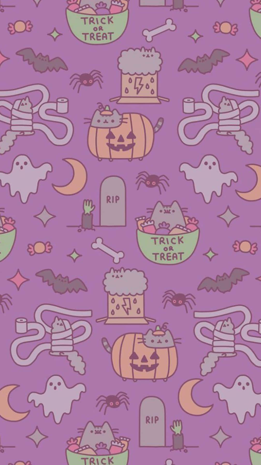 Aesthetic Cute Halloween Pusheen Purple Background