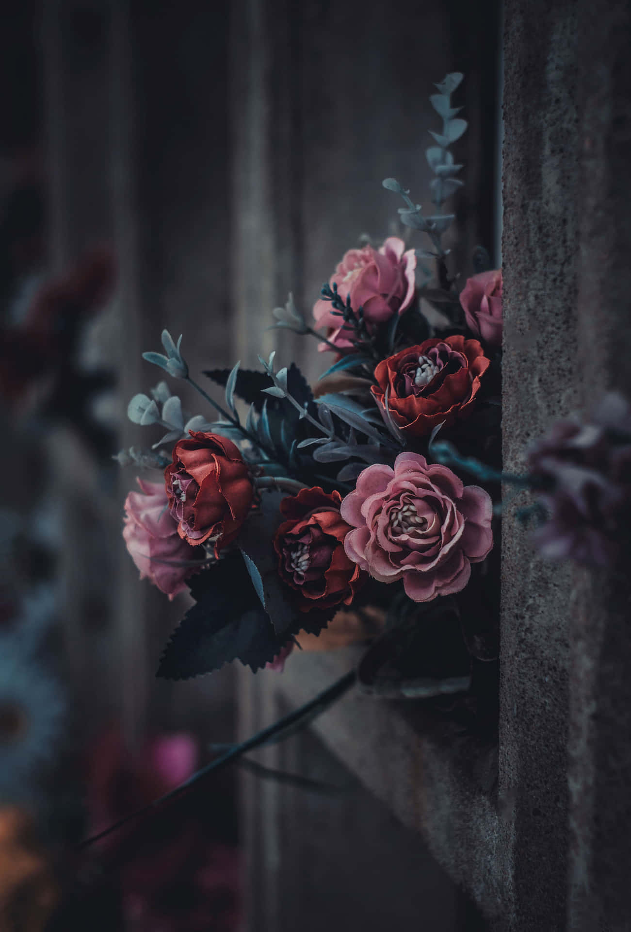 Aesthetic Flowers In Dark Window Background