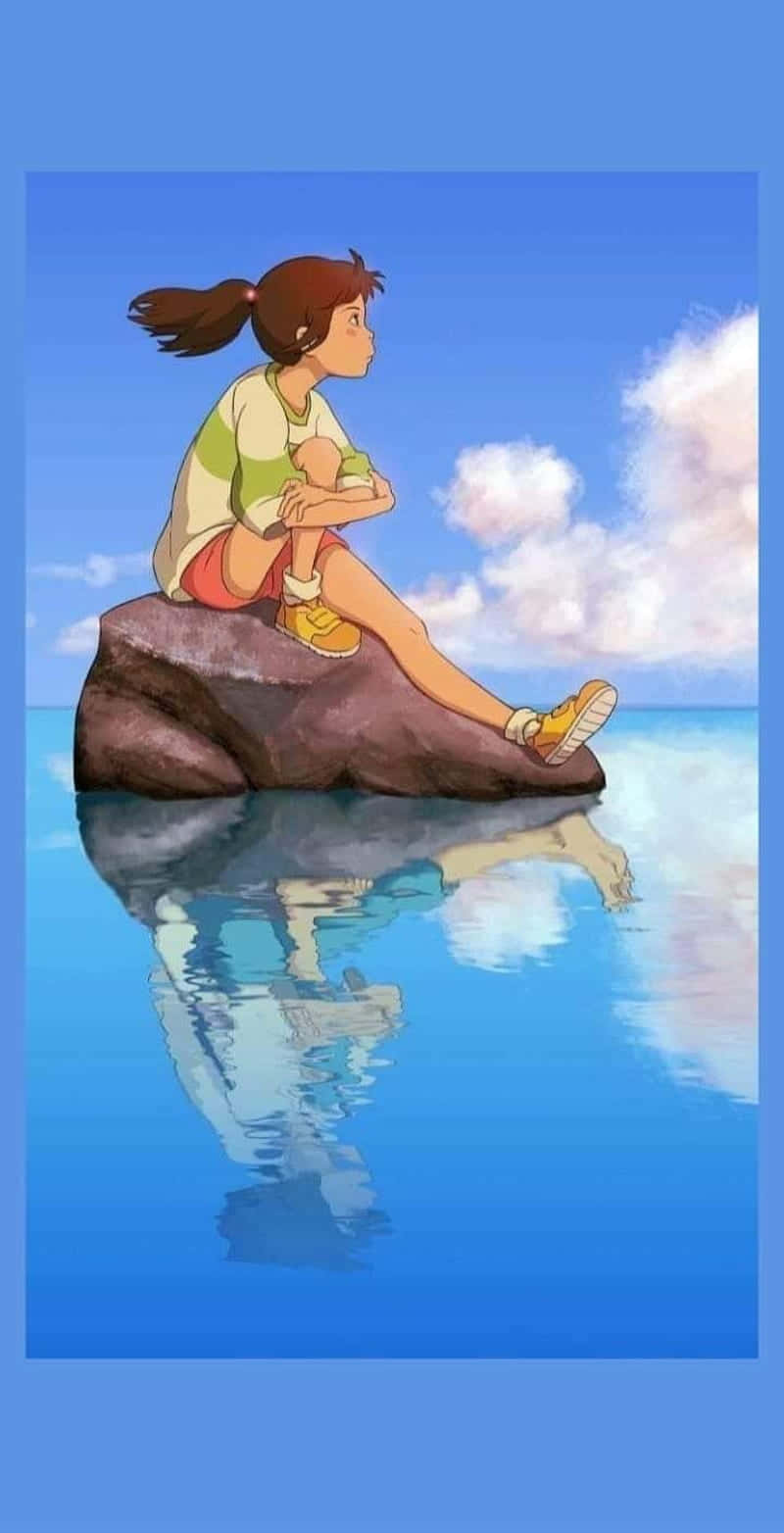 Aesthetic Ghibli Chihiro Sitting On Rock Background