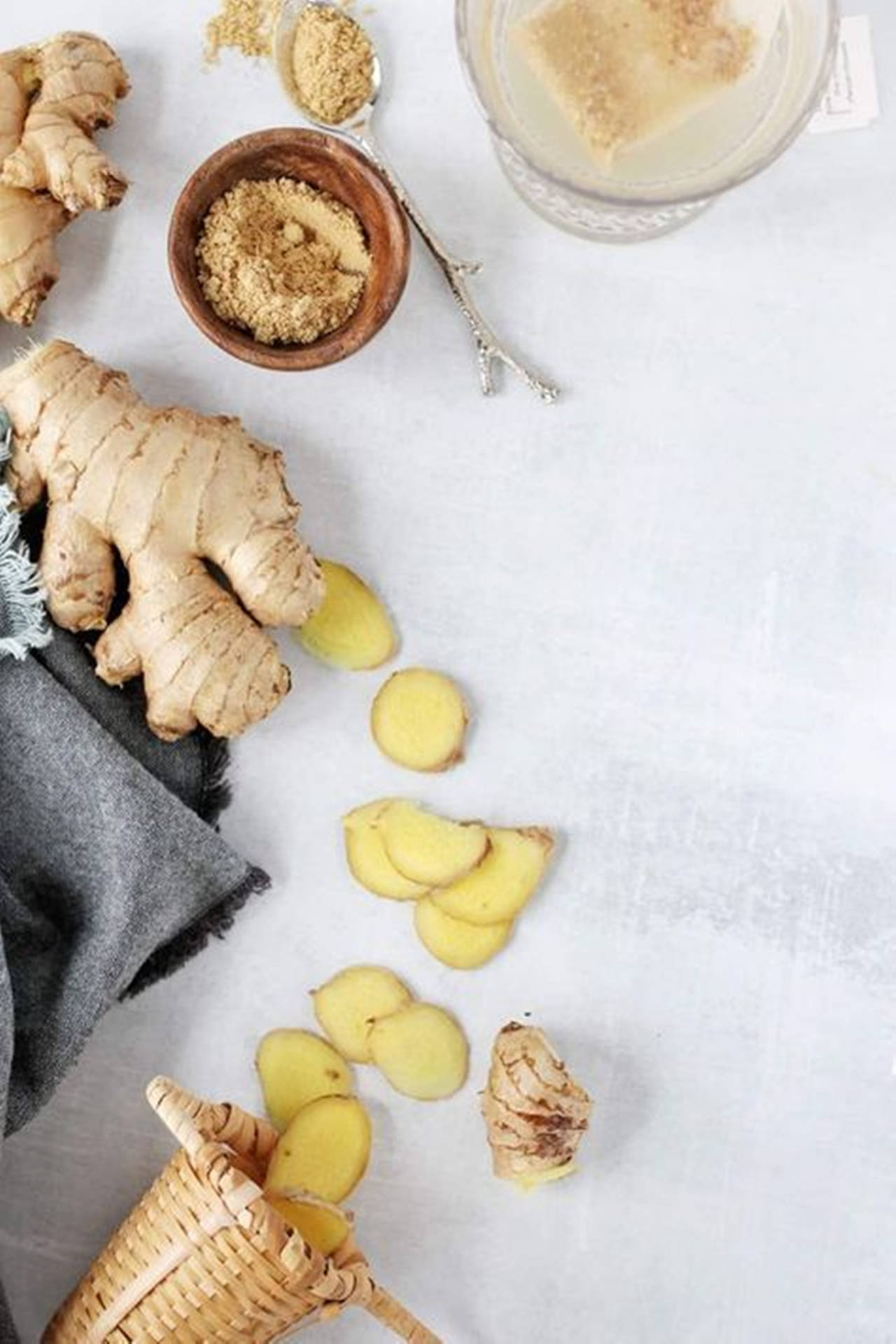 Aesthetic Ginger Root And Spice Flat Lay Background