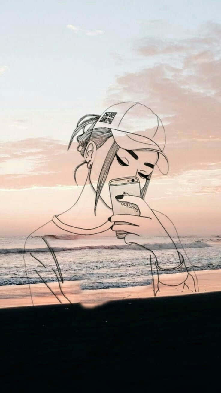 Aesthetic Girl Drawing With Beach Overlay Background