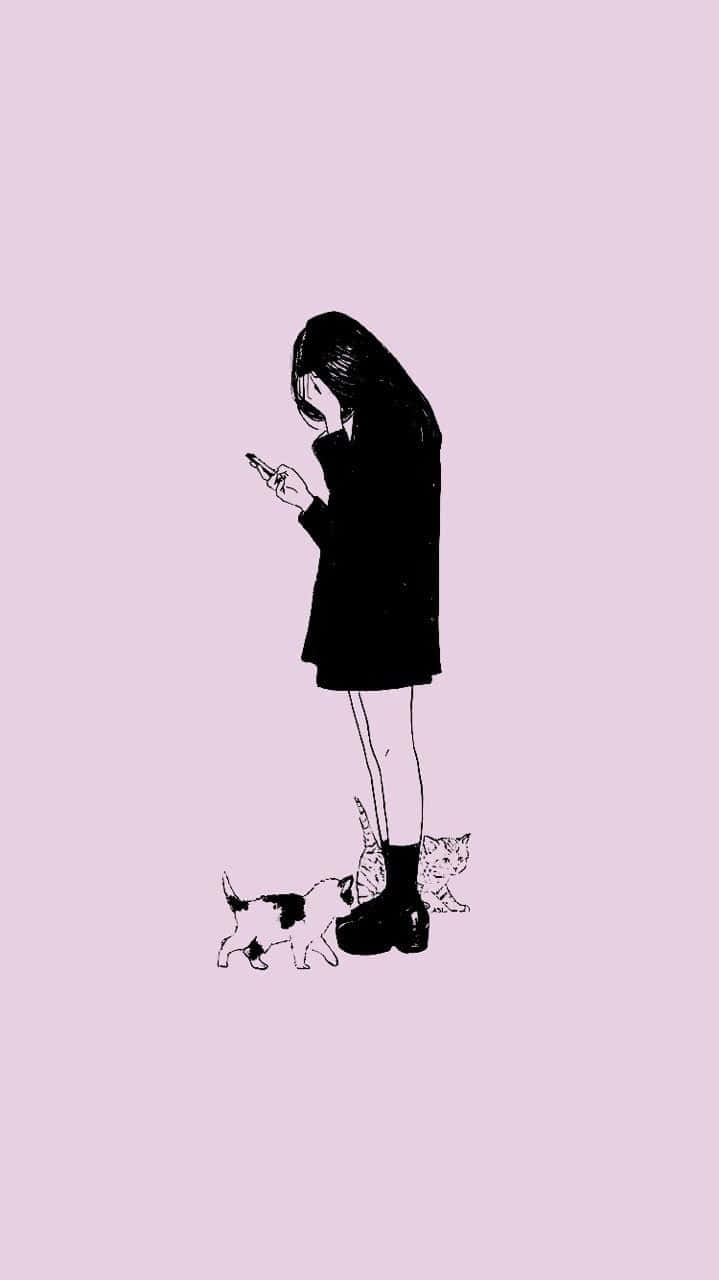 Aesthetic Girl Drawing With Cats