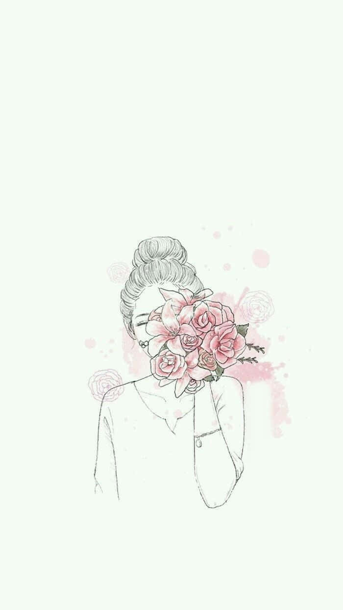 Aesthetic Girl Drawing With Rose Bouquet Background