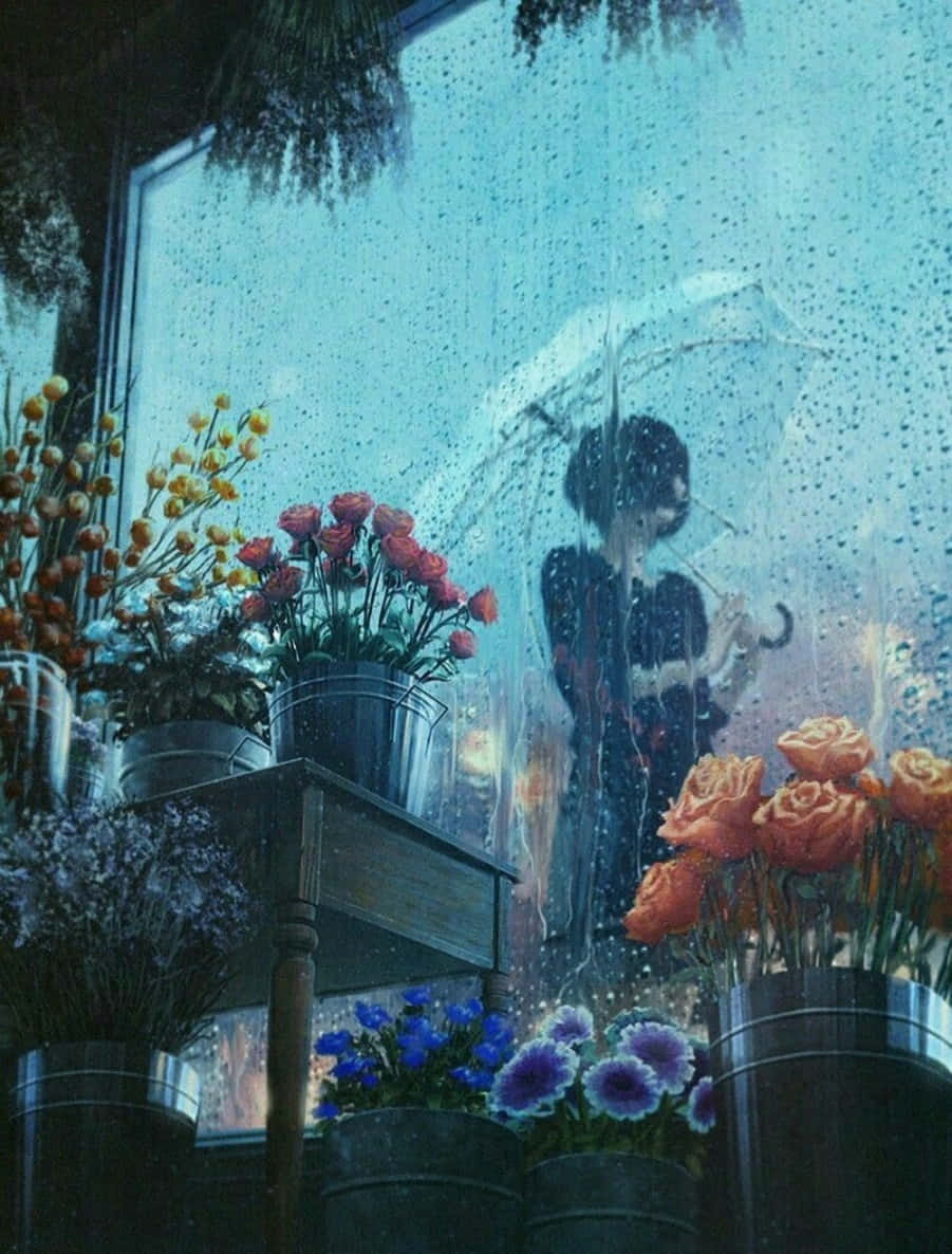 Aesthetic Girl In Rain From Flower Shop Window
