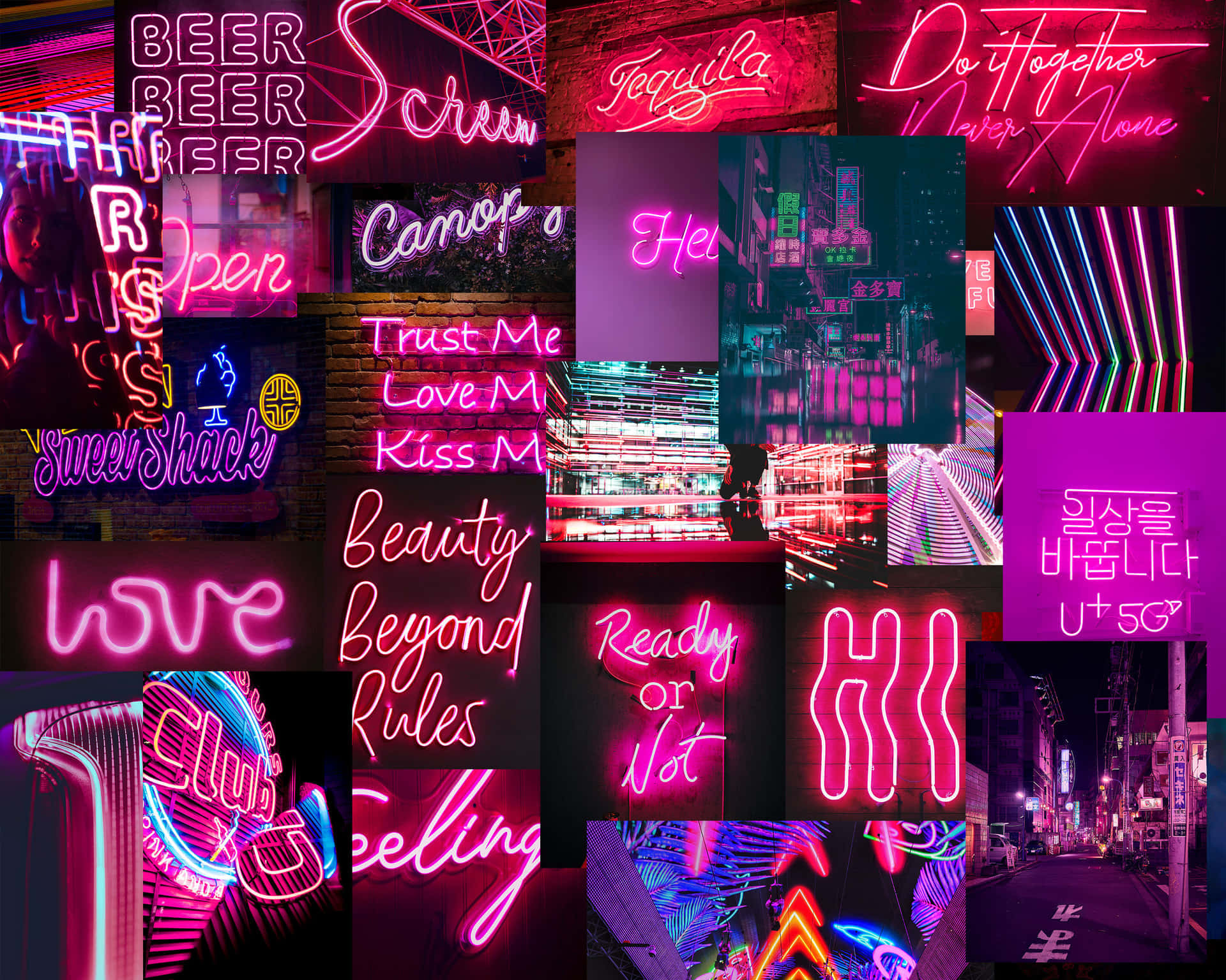 Aesthetic Grunge Laptop Neon Signs Collage Background