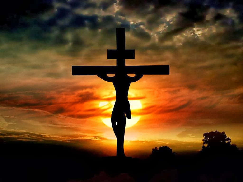Aesthetic Jesus On Cross At Sunset Background