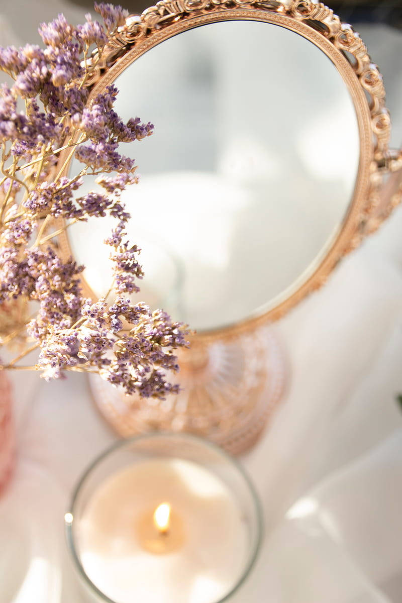 Aesthetic Mirror Flowers Candle Light Background