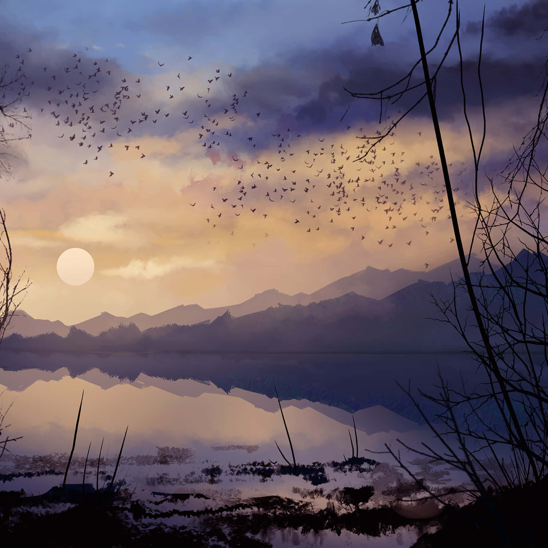 Aesthetic Nature With Flying Birds Background
