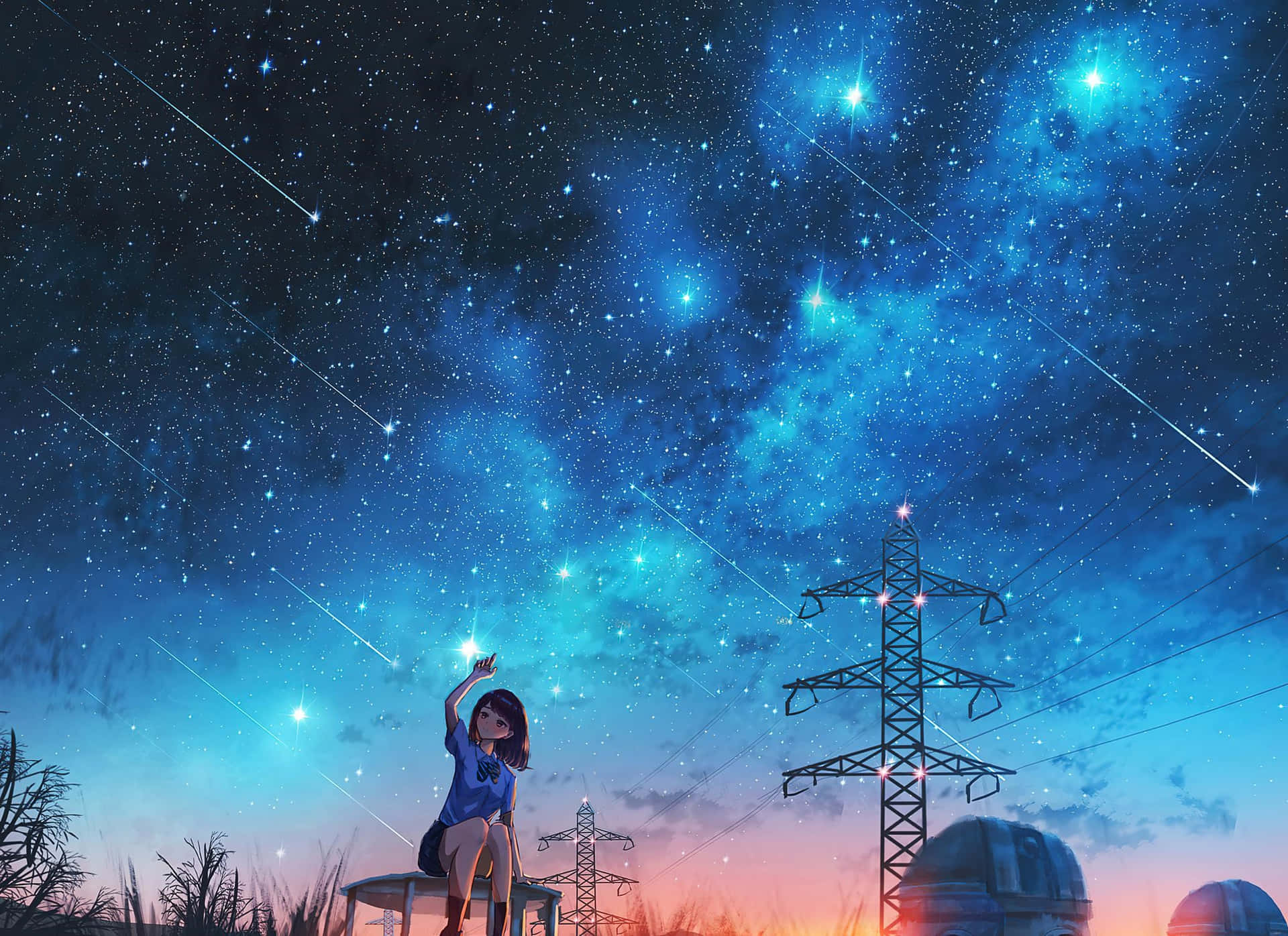 Aesthetic Night Sky Over Girl Sitting Background