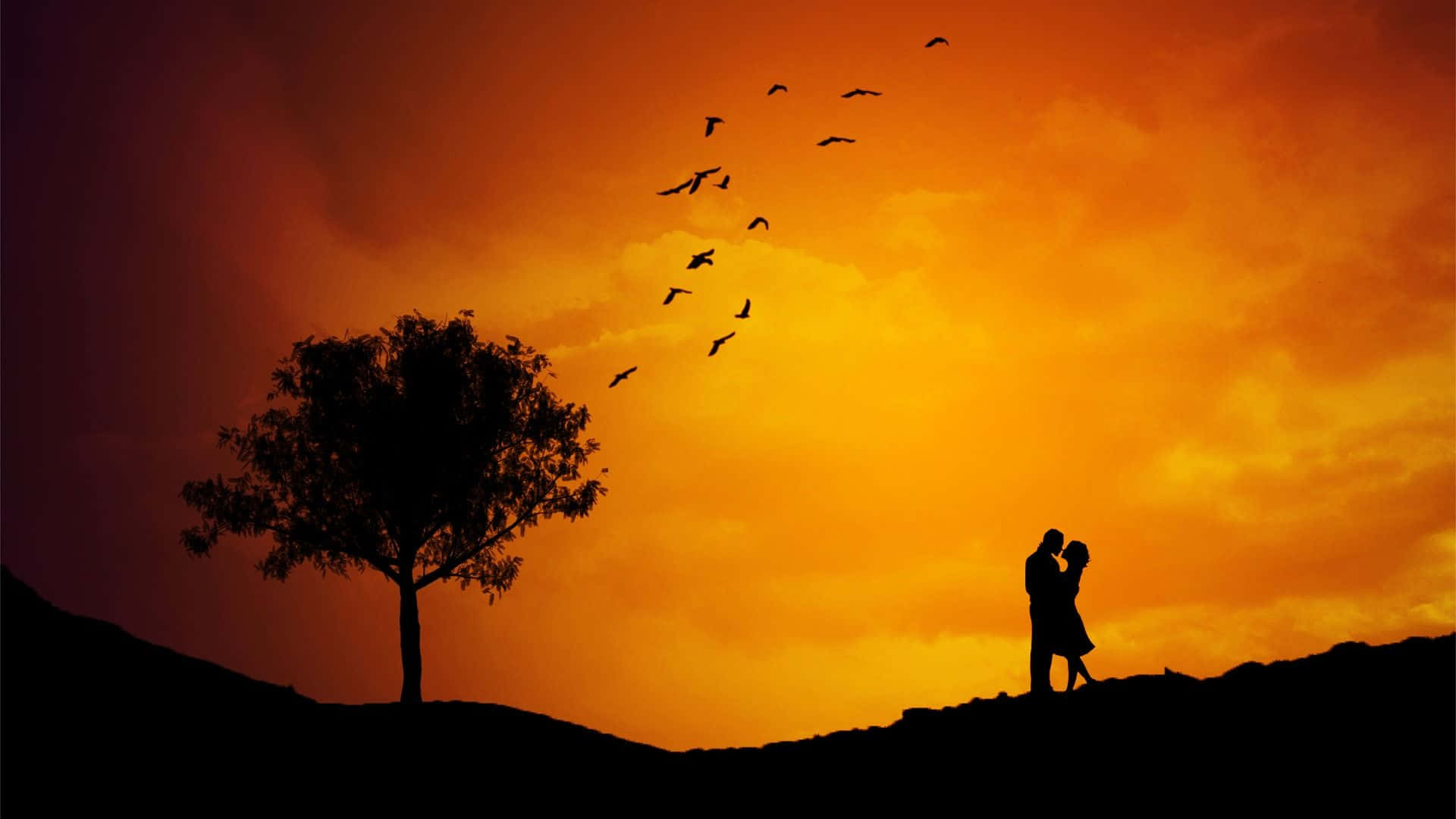 Aesthetic Orange Sunset Couple Background