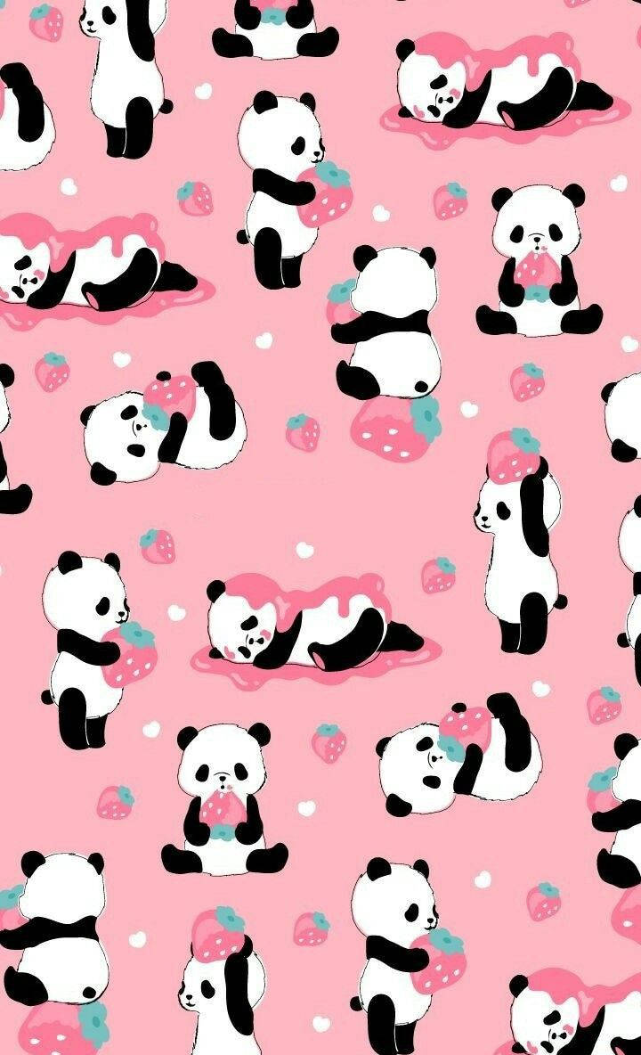 Aesthetic Panda Strawberry Pink Background