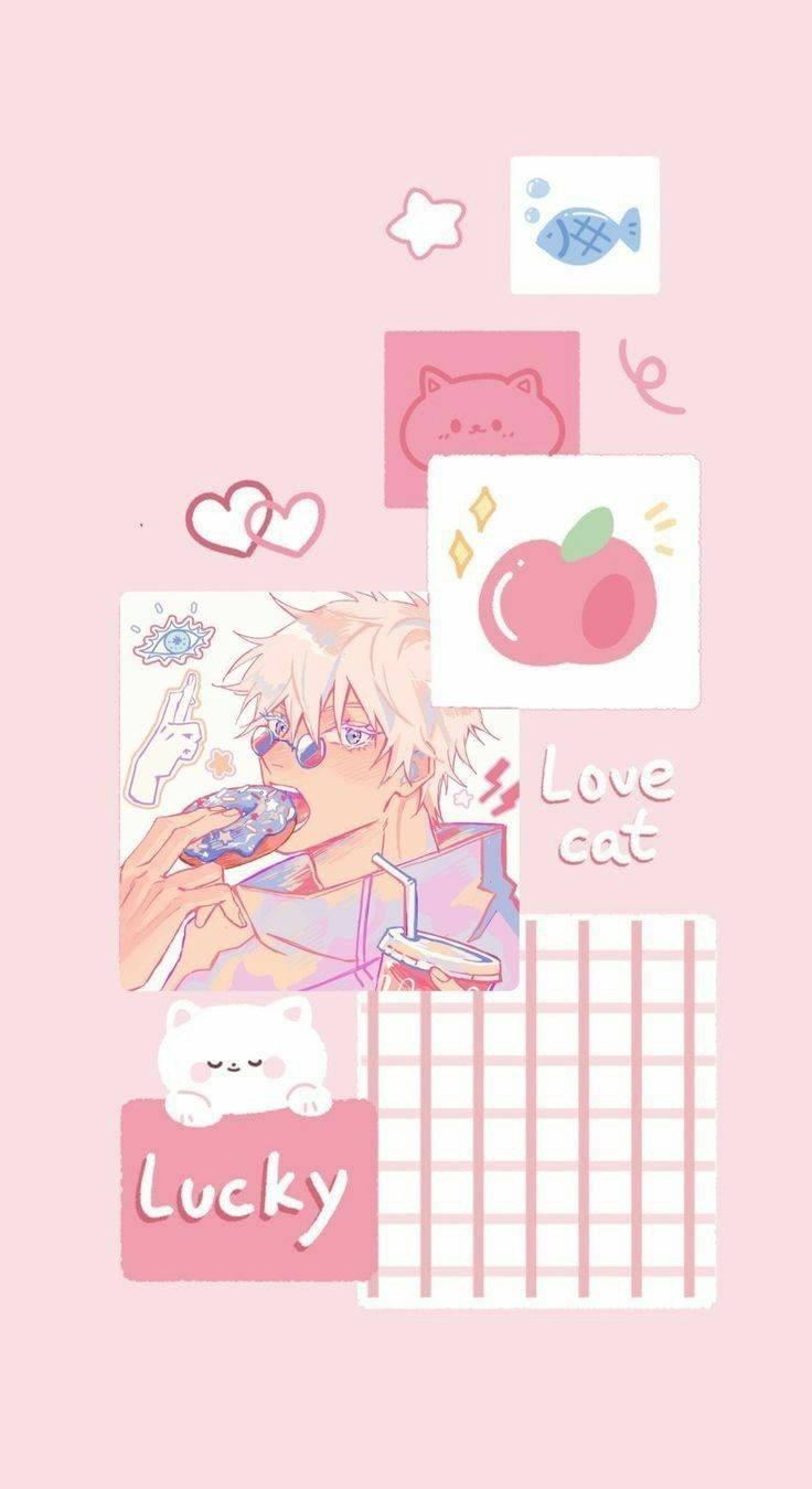 Aesthetic Pink Anime Boy Eating Donut Background