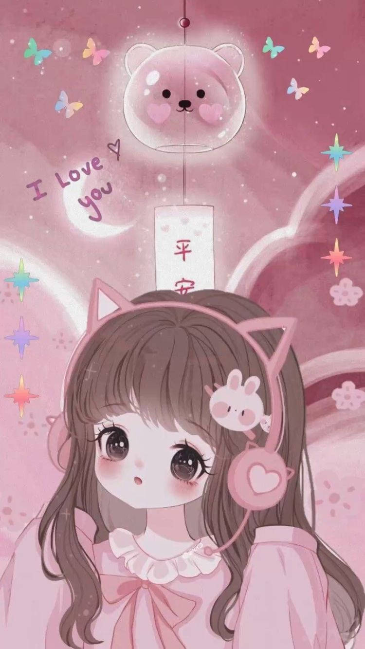 Aesthetic Pink Anime Girl Cat Headphones Background