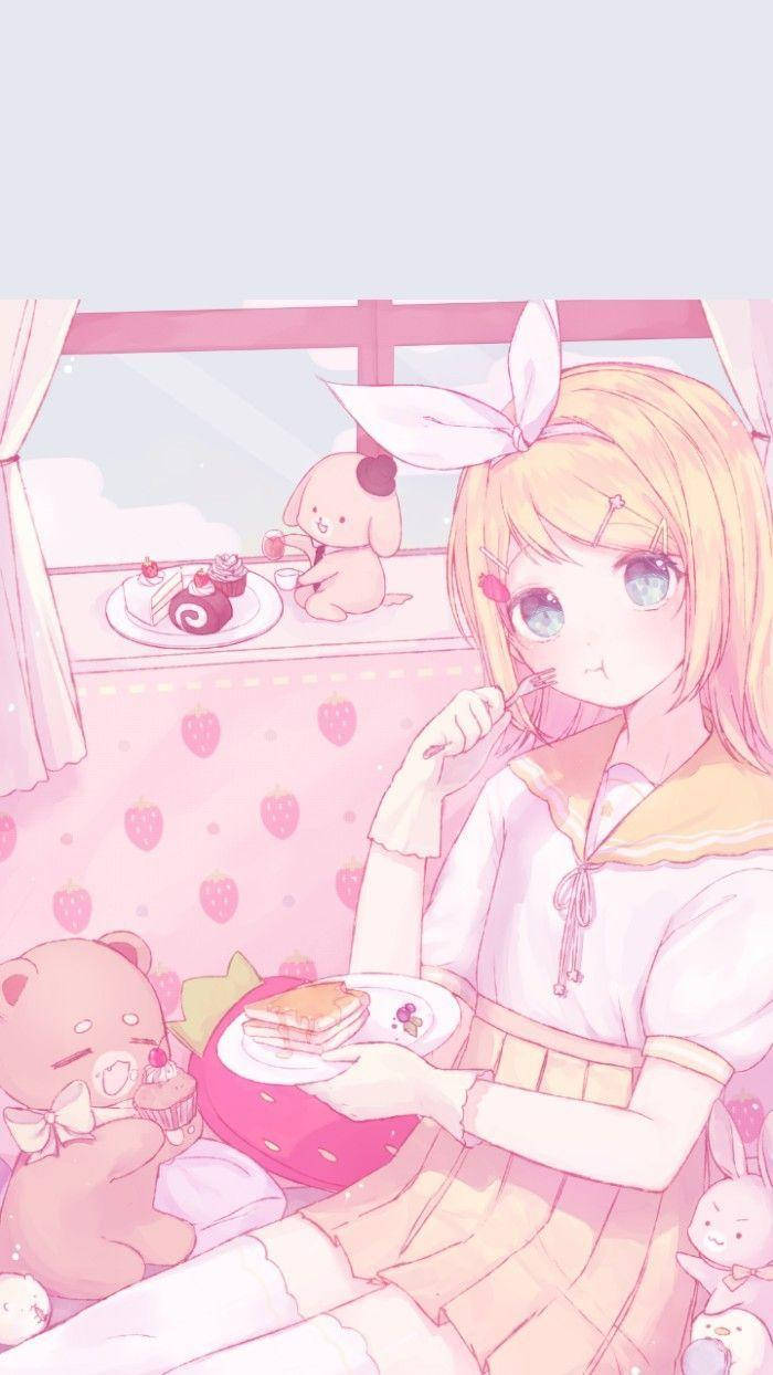 Aesthetic Pink Anime Girl Eating With Pets