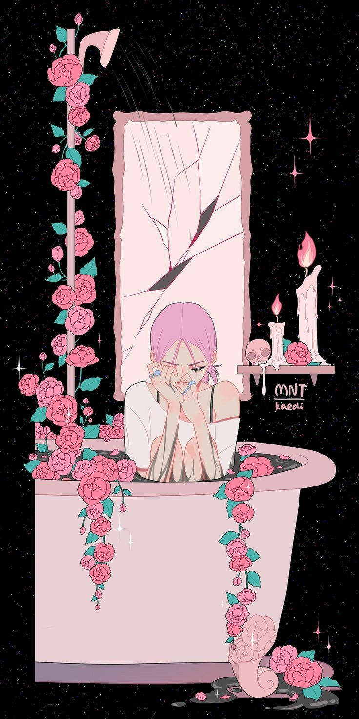 Aesthetic Pink Anime Girl On Bathtub Background