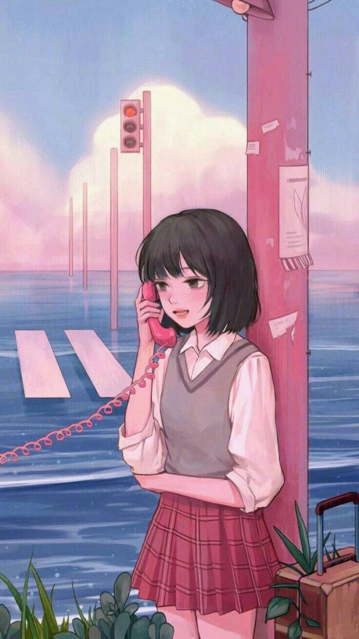 Aesthetic Pink Anime Girl On Telephone