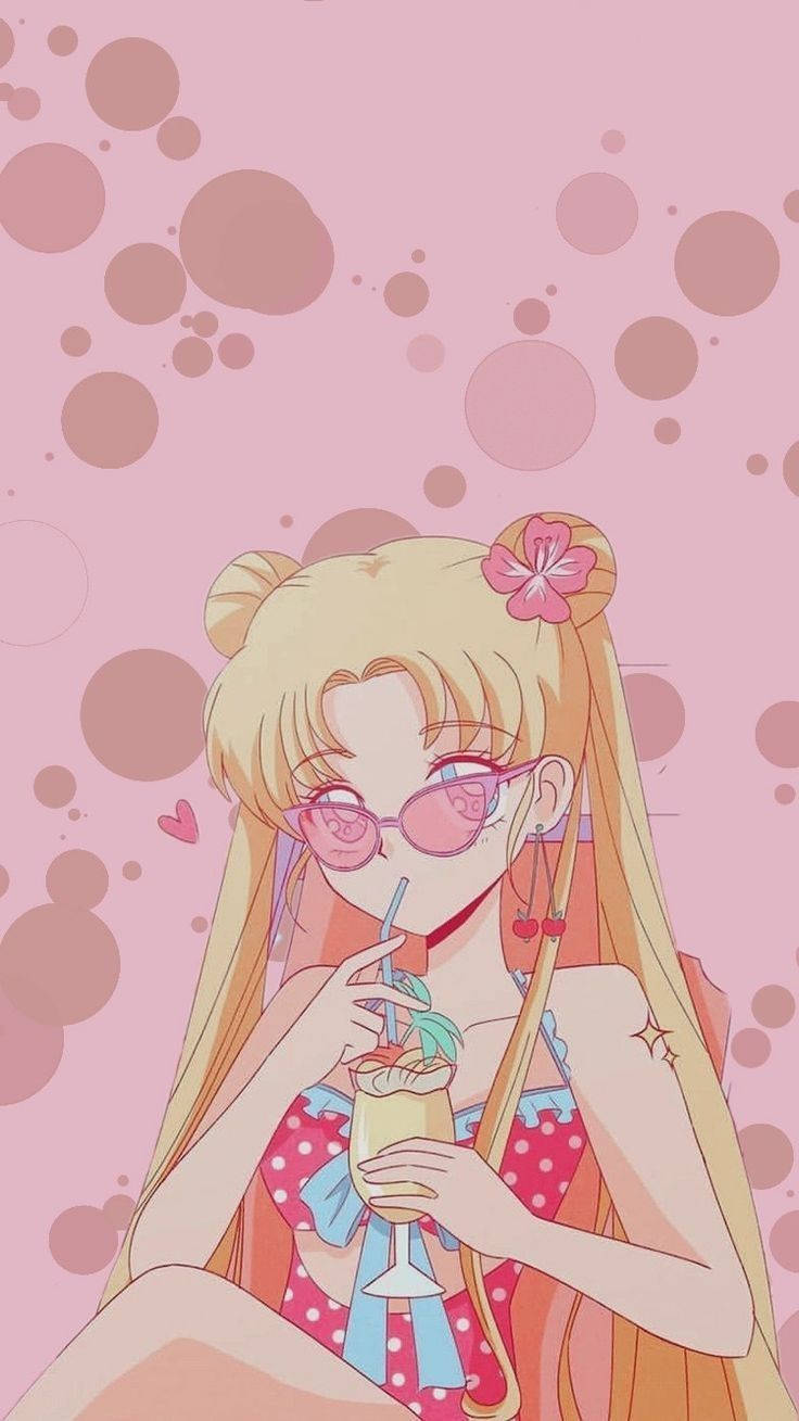 Aesthetic Pink Anime Sailor Moon Drinking Background