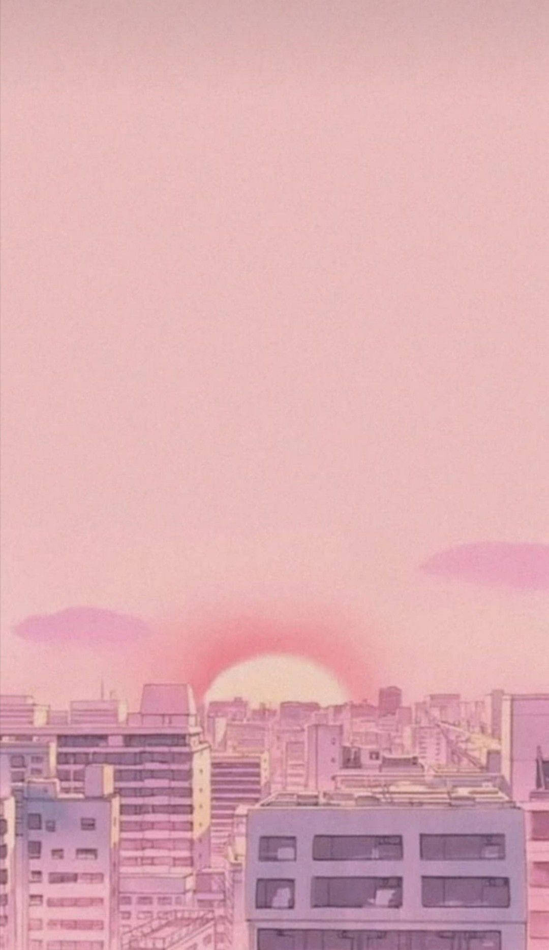 Aesthetic Pink Anime Sunset With Skyline