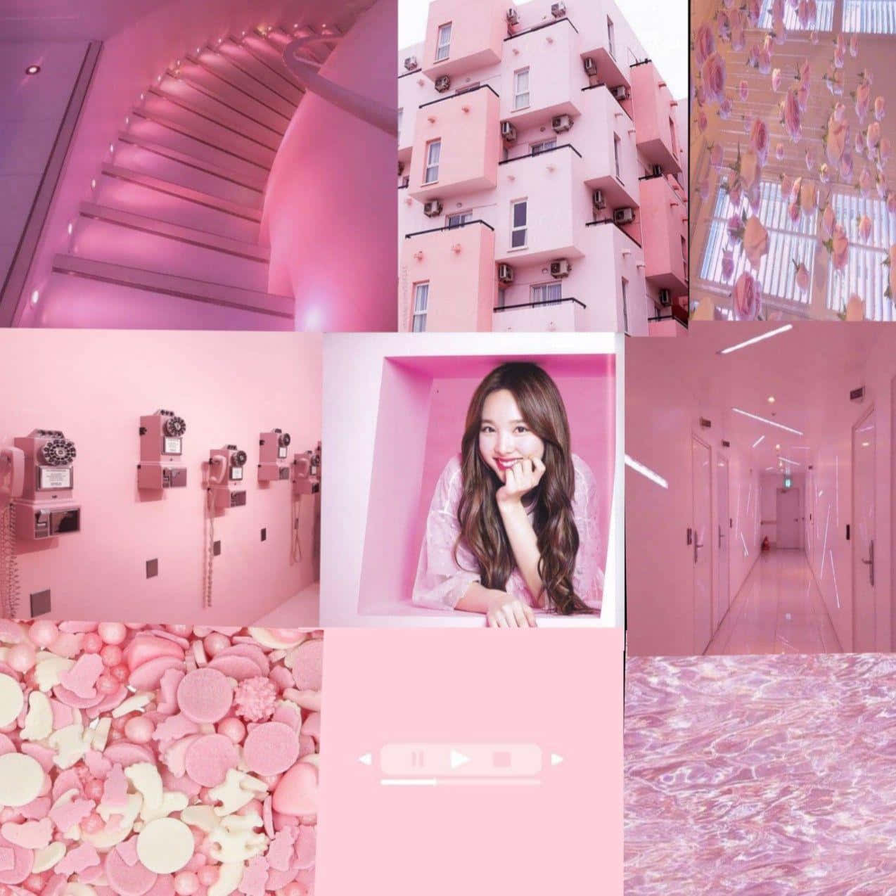 Aesthetic Pink Collage With Macaroon And Korean Girl Background