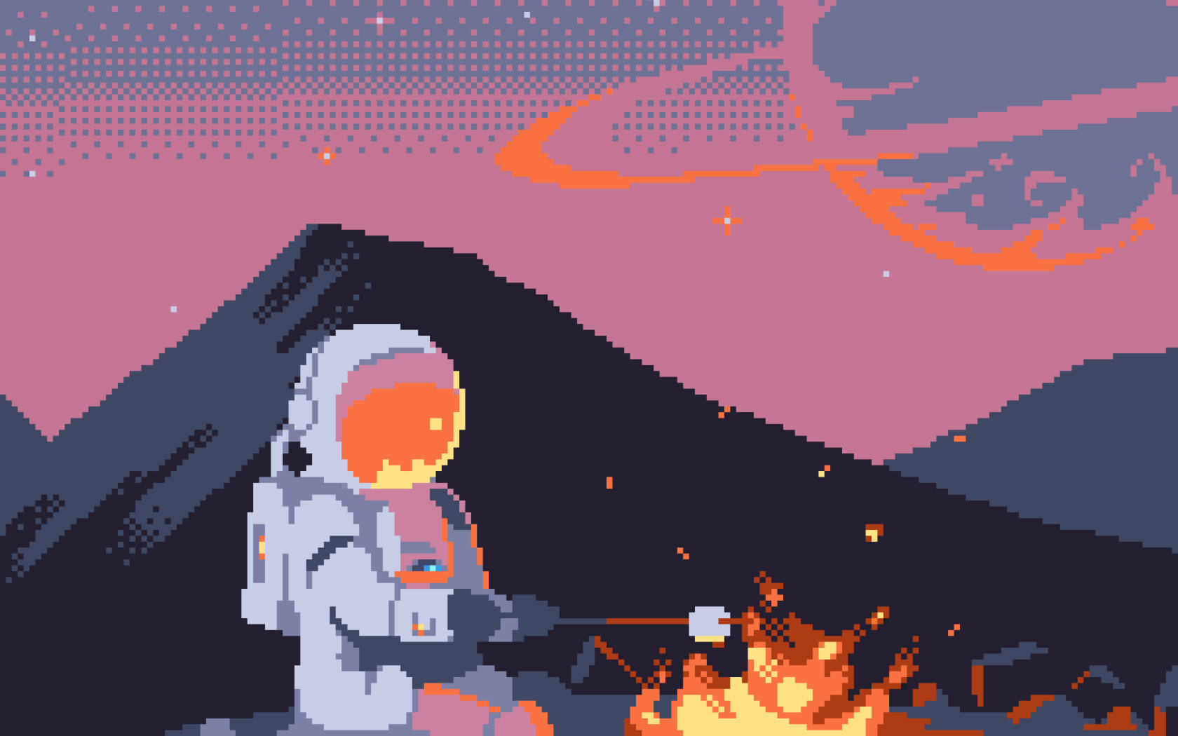 Aesthetic Pixel Art Astronaut Making Smores Background