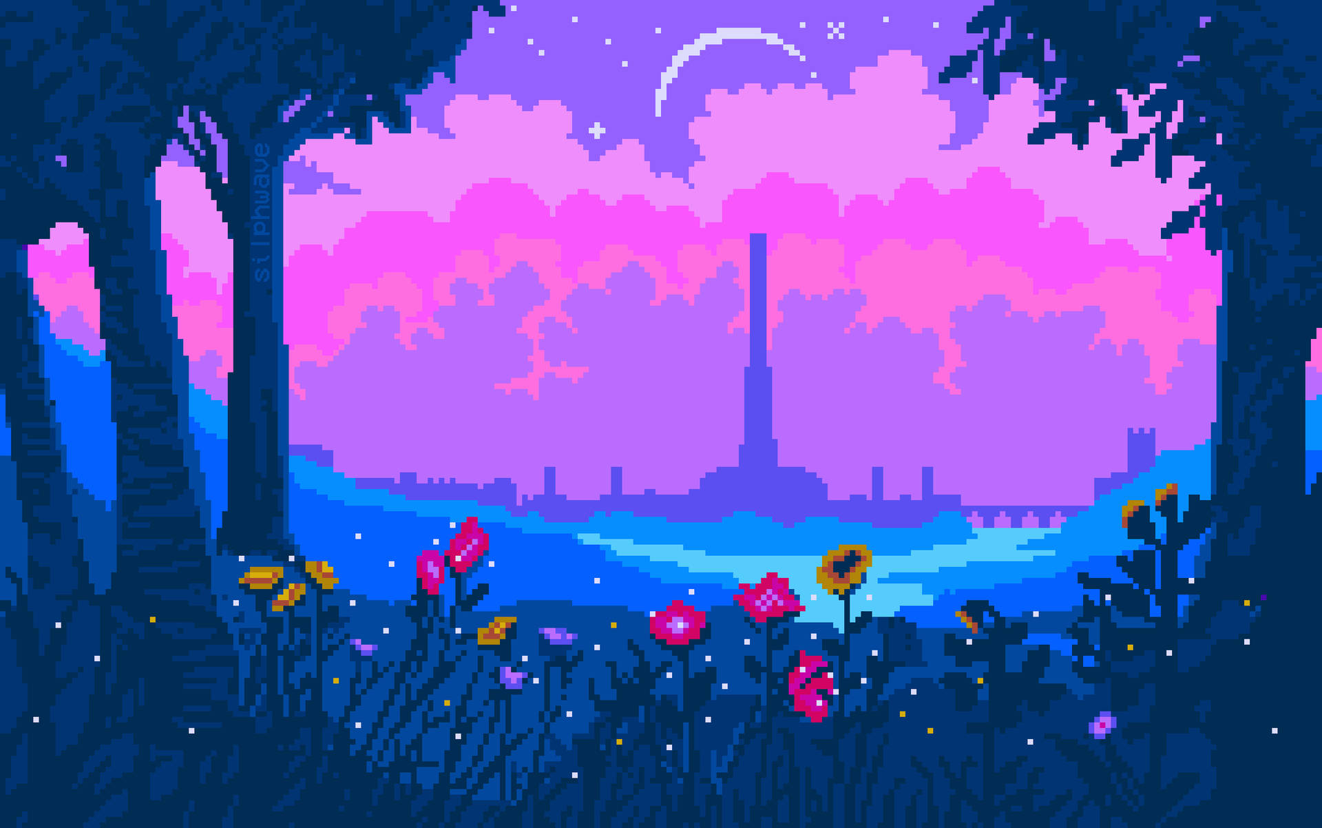 Aesthetic Pixel Art Garden At Night Background