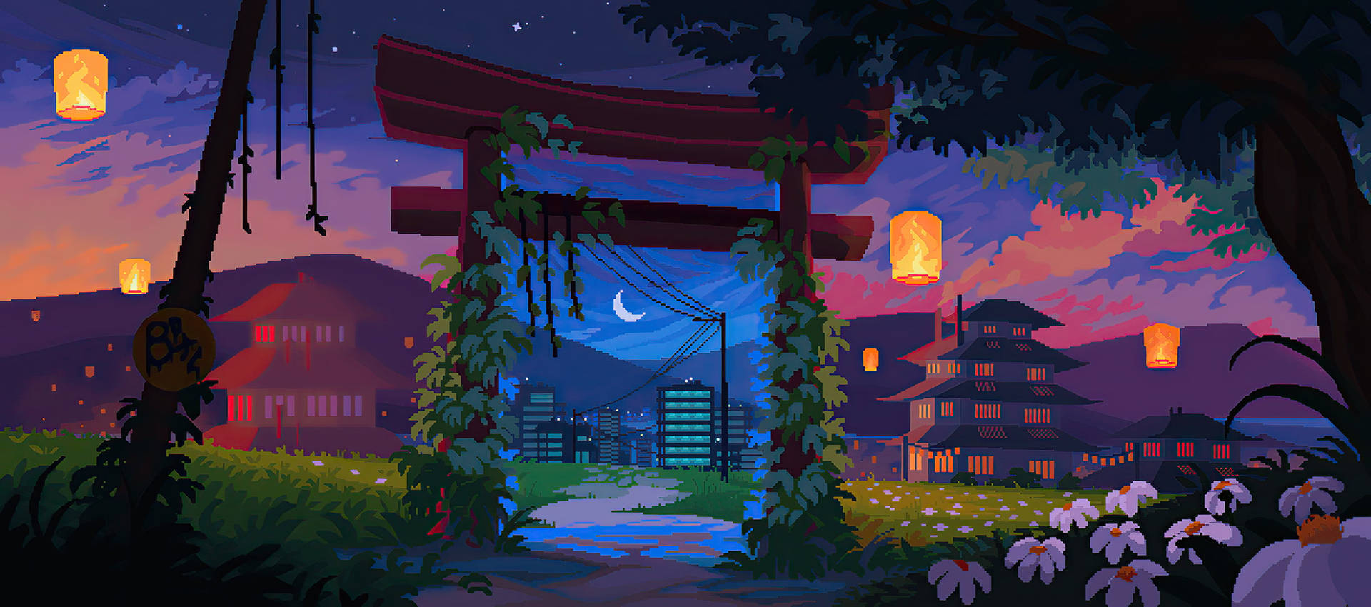 Aesthetic Pixel Art Of City Japanese Shrine