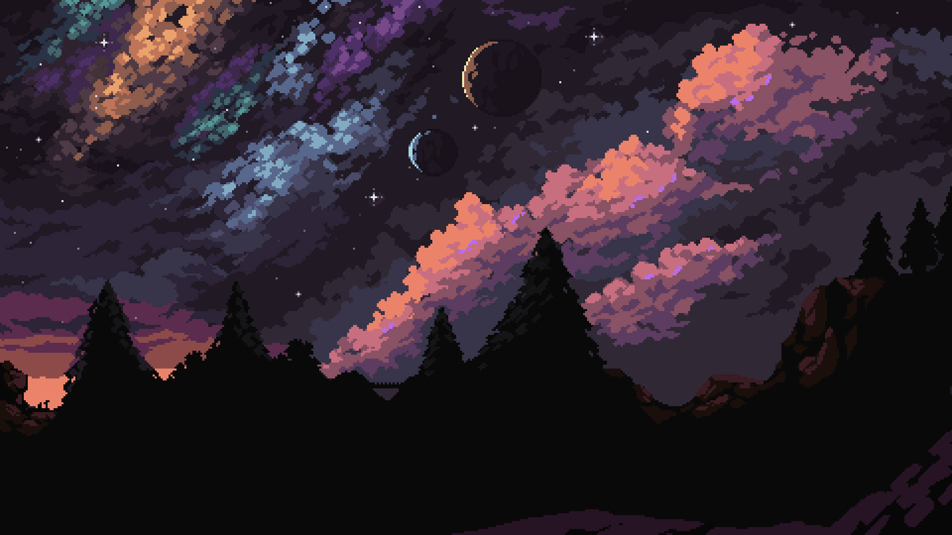 Aesthetic Pixel Art Of Planets At Night Background