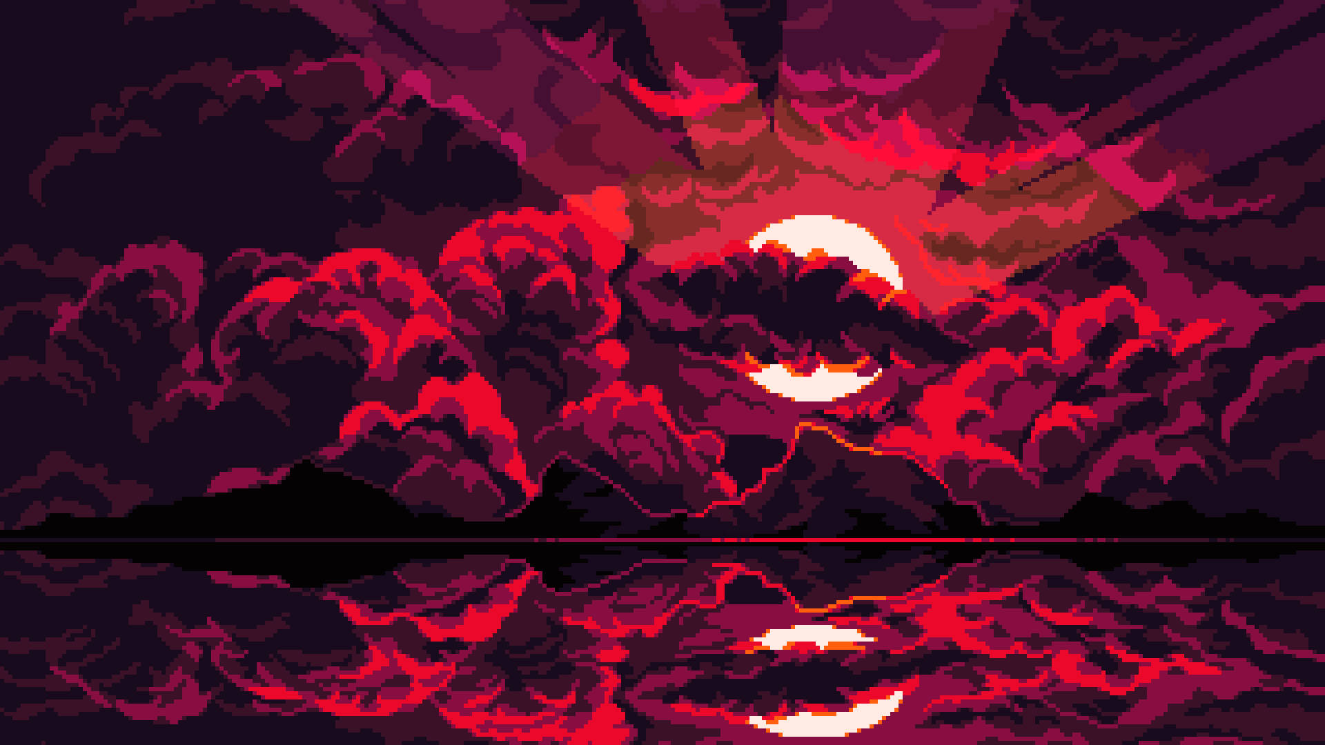 Aesthetic Pixel Art Red Sun And Clouds Background