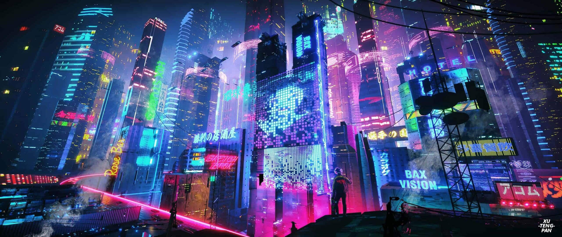 Aesthetic Purple Neon Computer View Of Megacity Background