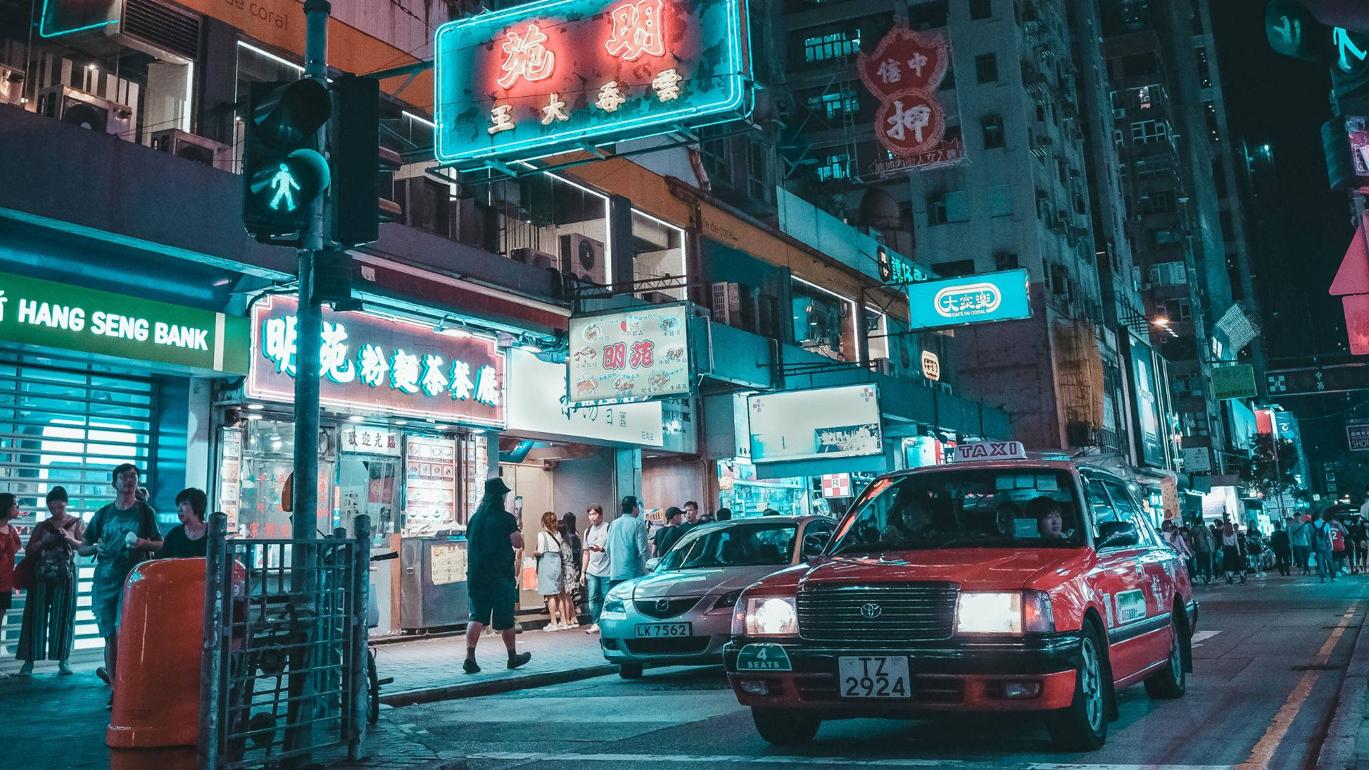 Aesthetic Red Taxi In Neon City Background