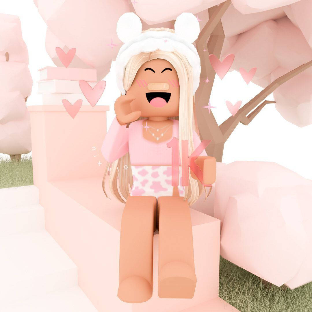 Aesthetic Roblox Girl Seated On Pink Bench Background