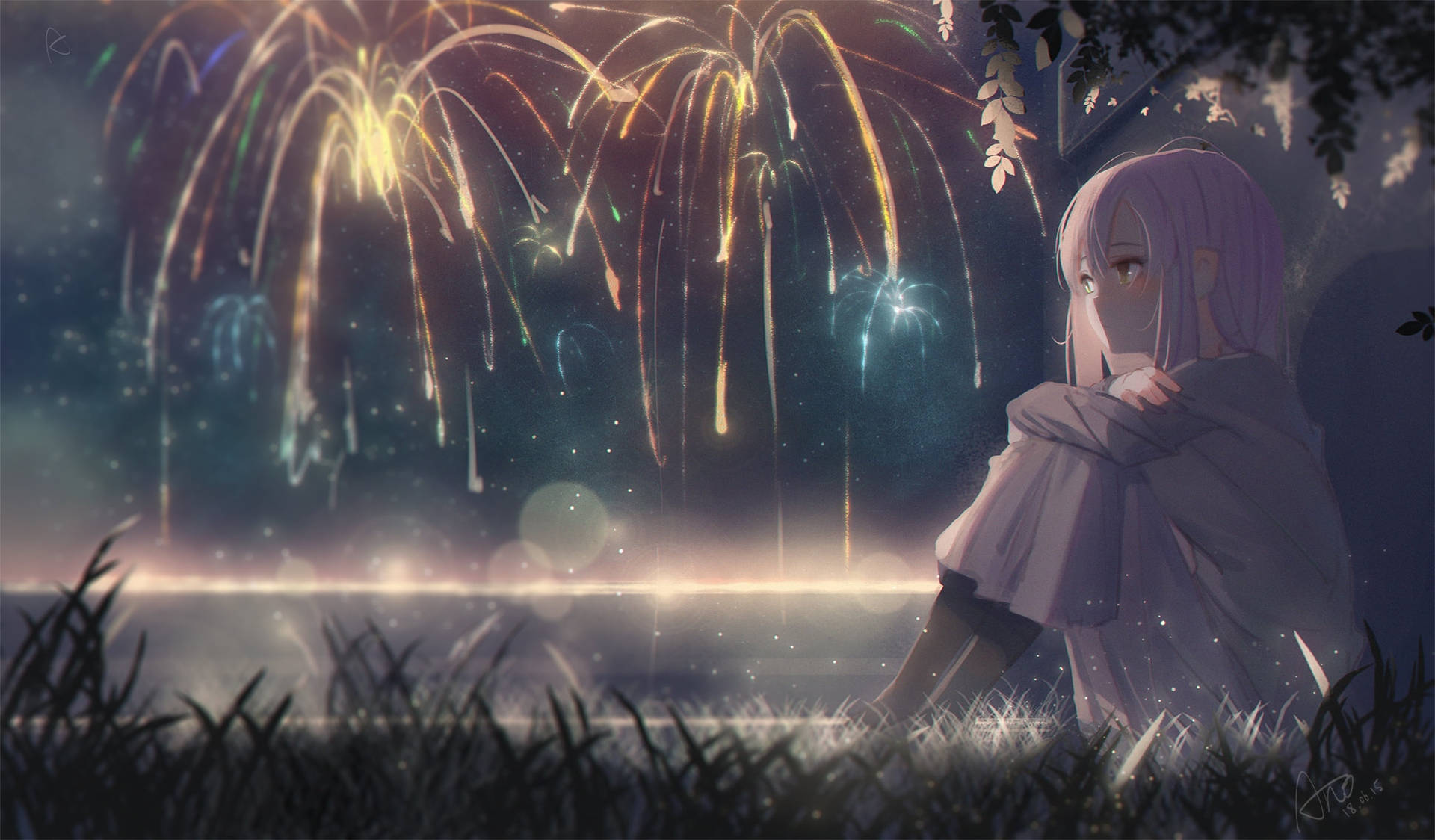 Aesthetic Sad Anime Girl Fireworks Background