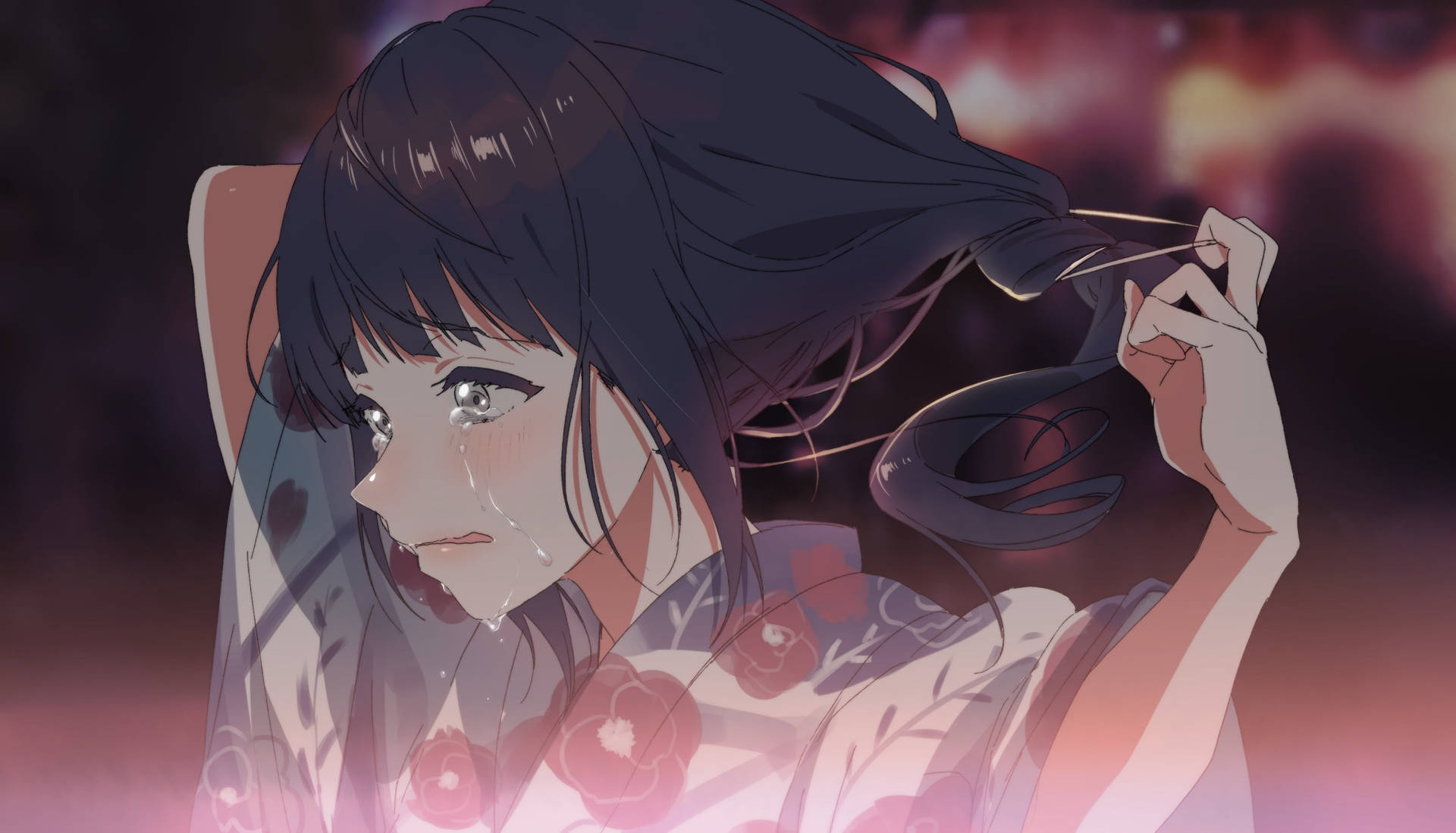 Aesthetic Sad Anime Girl In Kimono Background