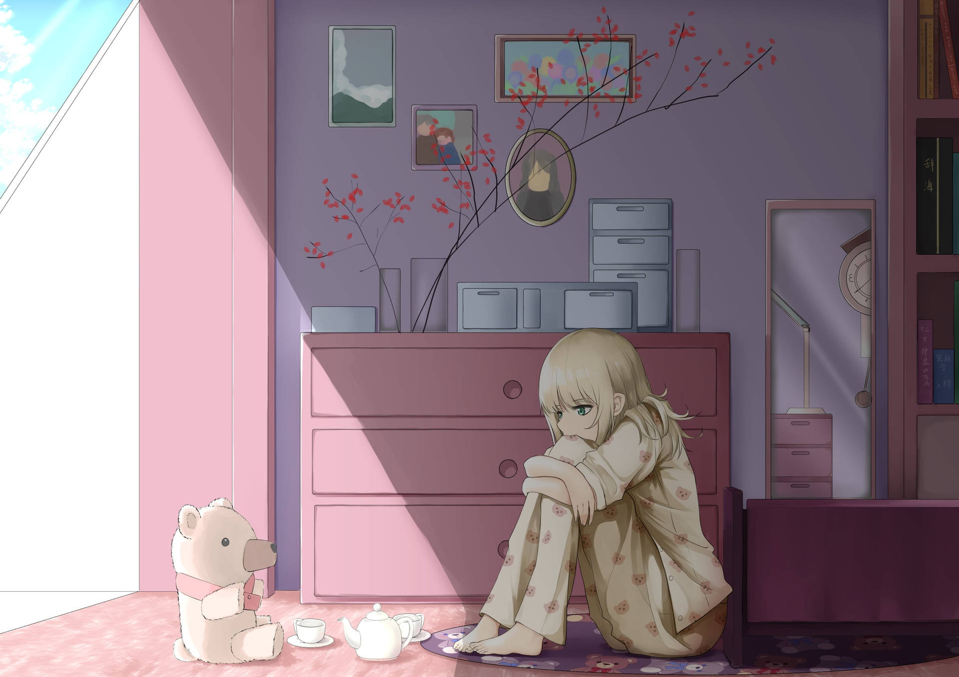 Aesthetic Sad Anime Girl In Pajamas Background