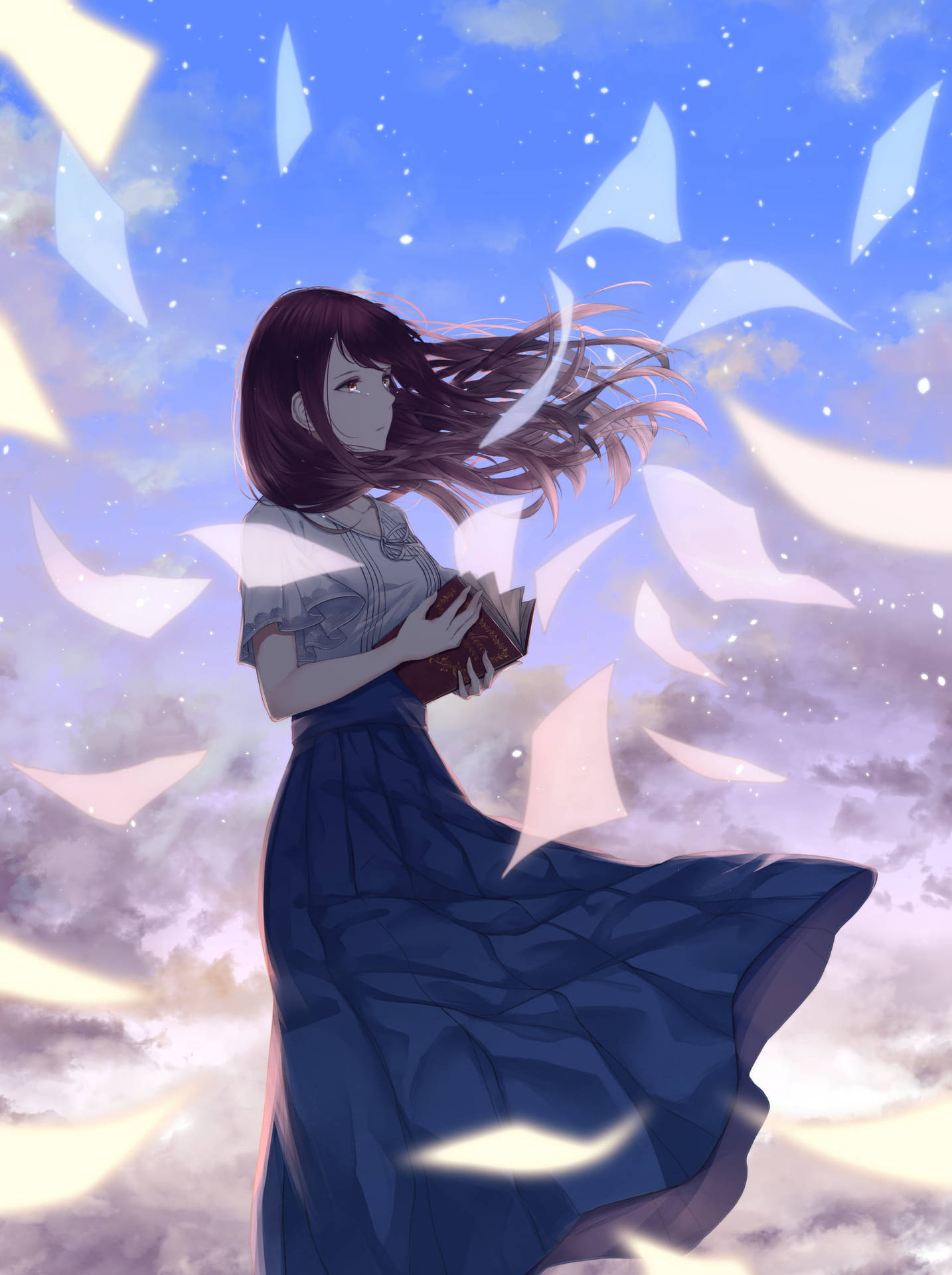 Aesthetic Sad Anime Girl Long Blue Skirt Background
